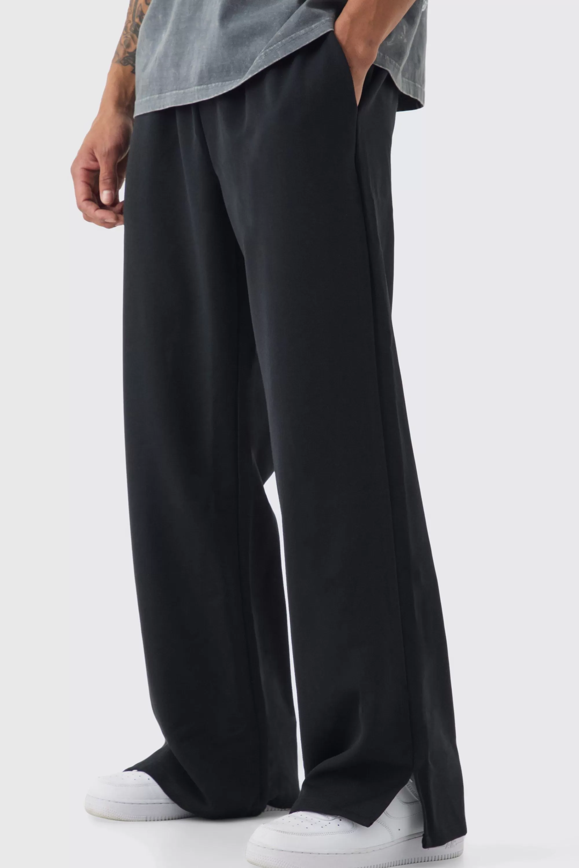 boohooMAN Drawcord Waist Split Hem Straight Leg Trousers | UK