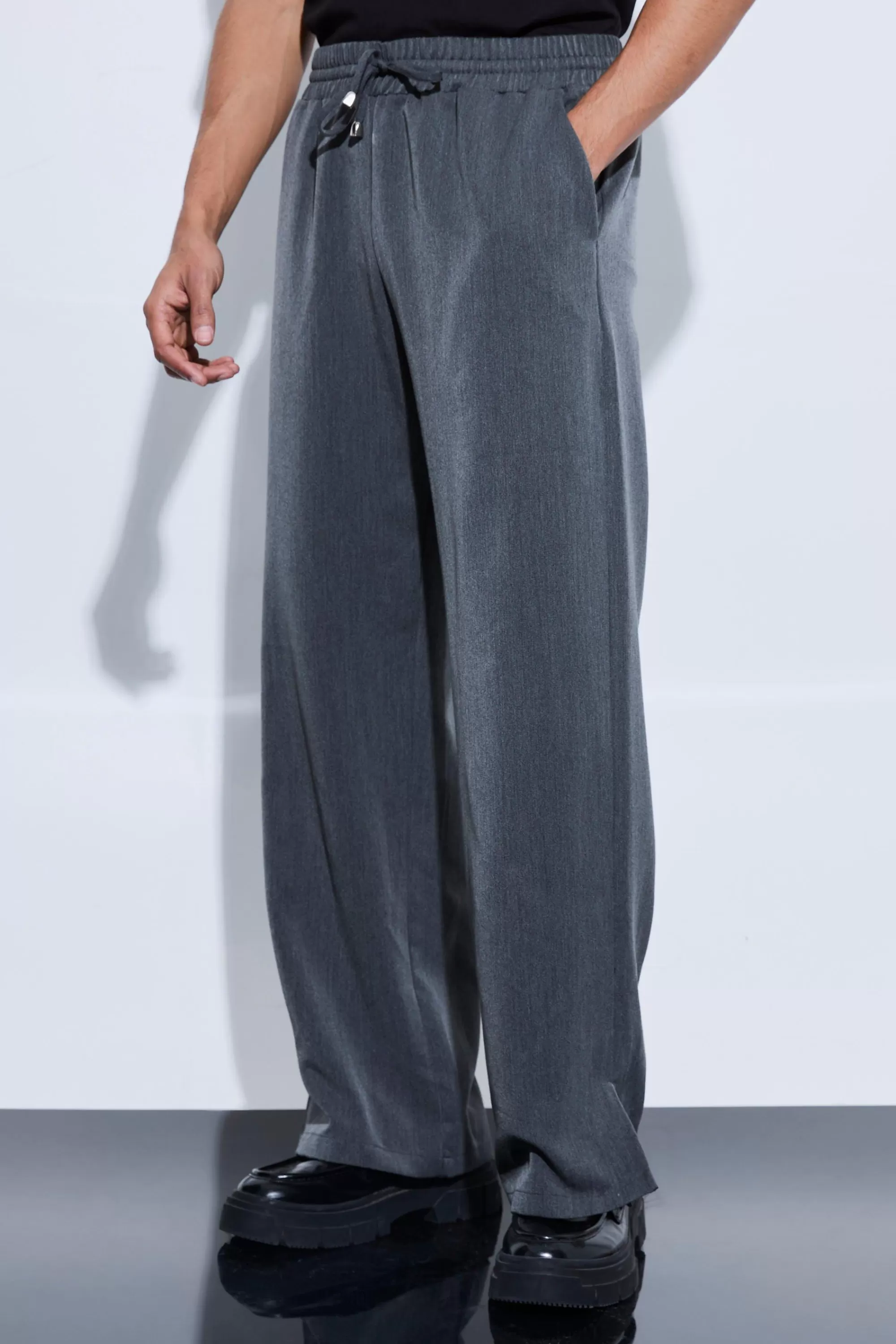boohooMAN Drawcord Waist Split Hem Wide Leg Trousers | UK