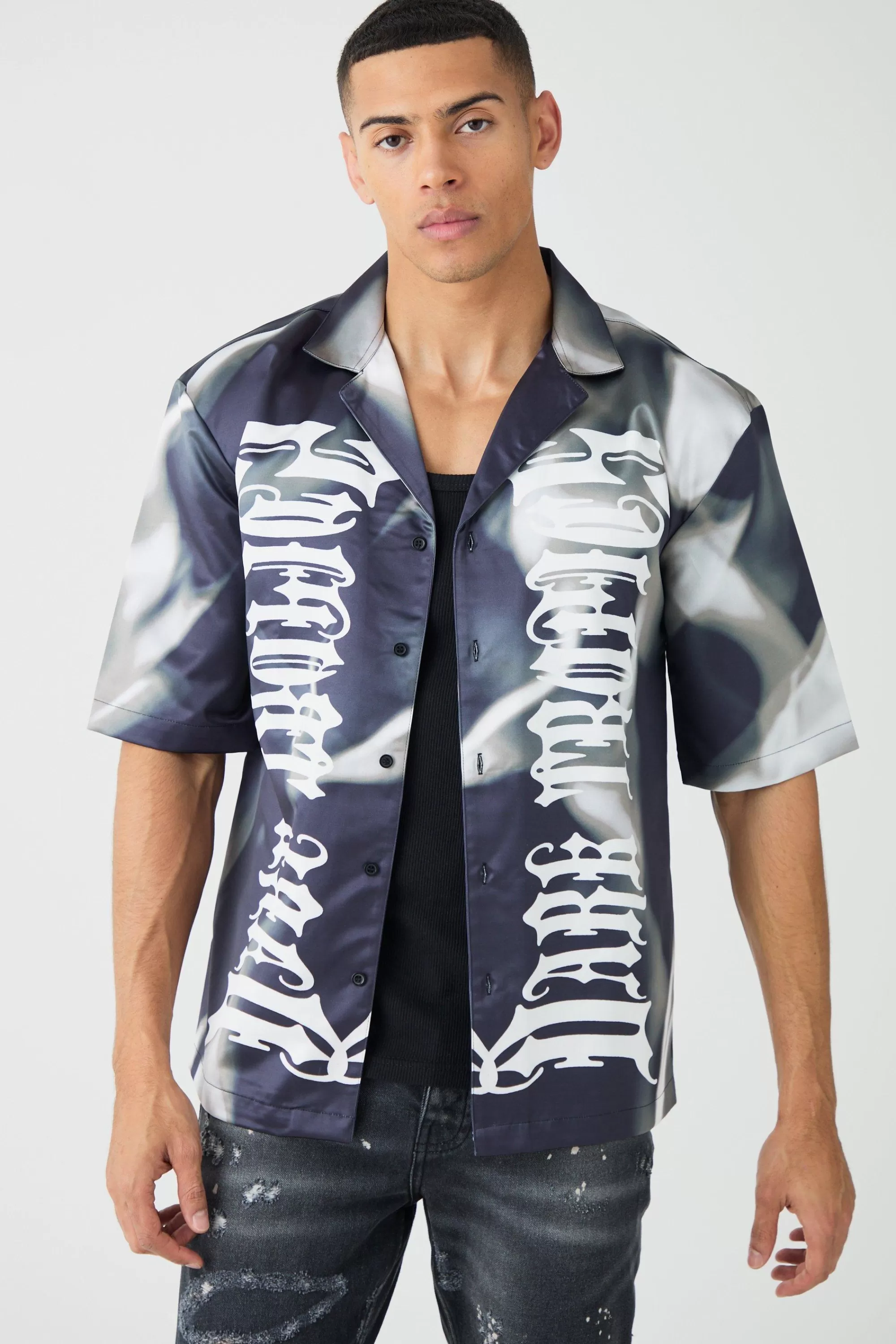 boohooMAN Drop Revere Short Sleeve Satin Graphic Shirt | UK