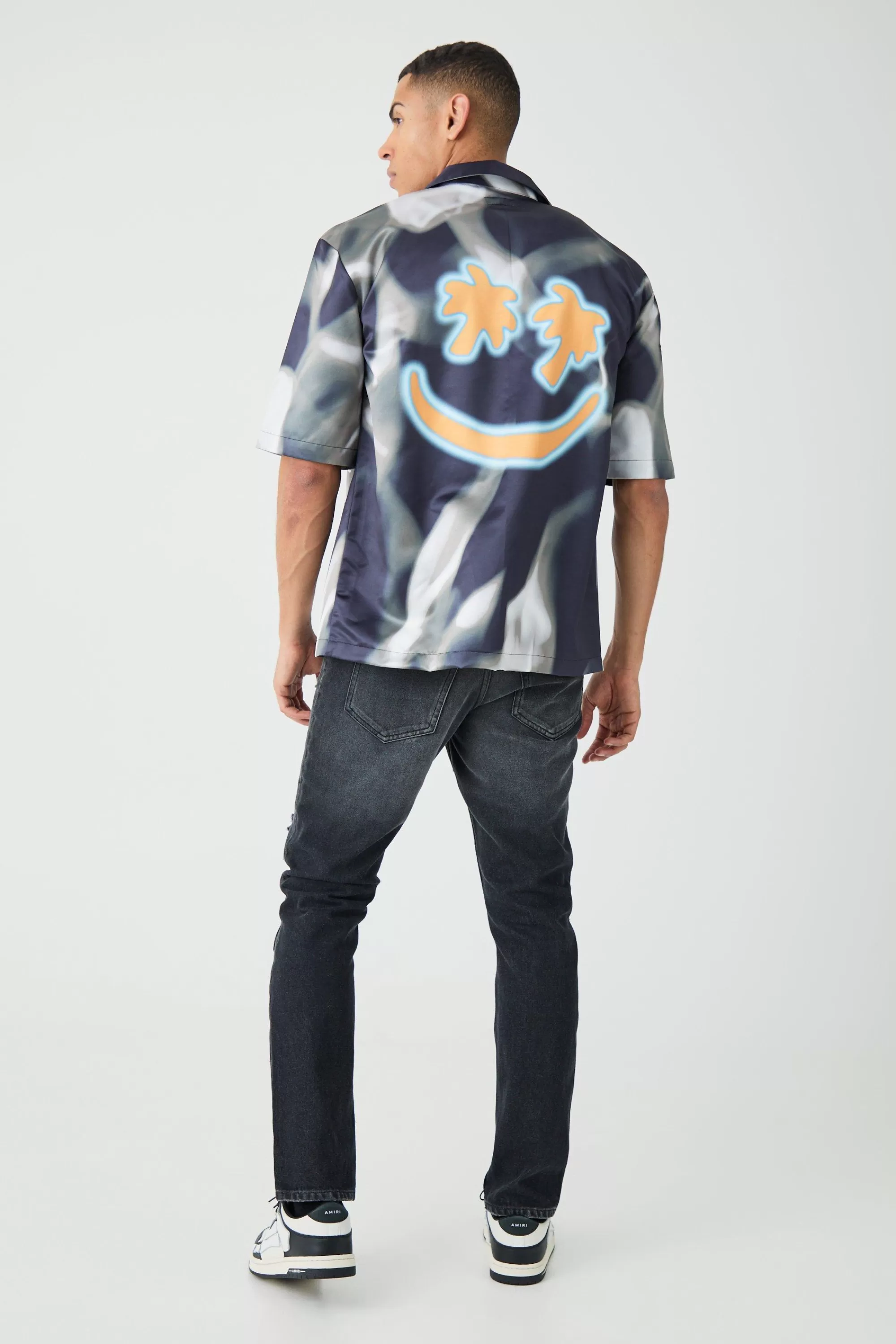 boohooMAN Drop Revere Short Sleeve Satin Graphic Shirt | UK