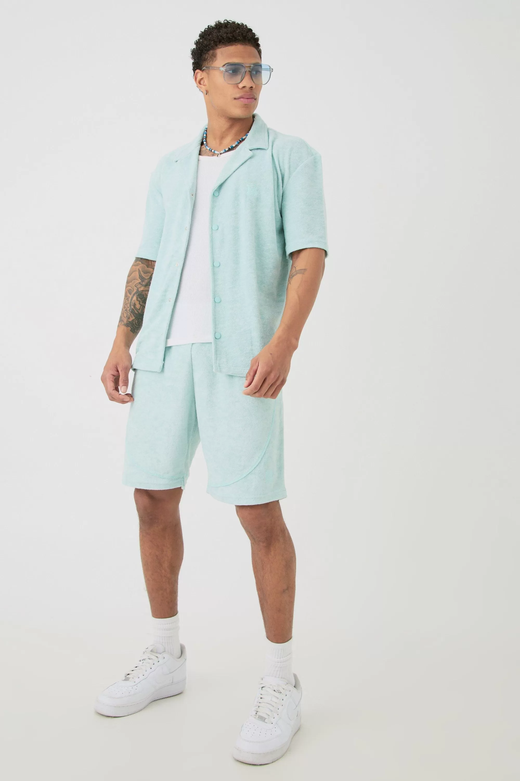boohooMAN Drop Revere Towelling Embroidered Shirt And Short Set | UK