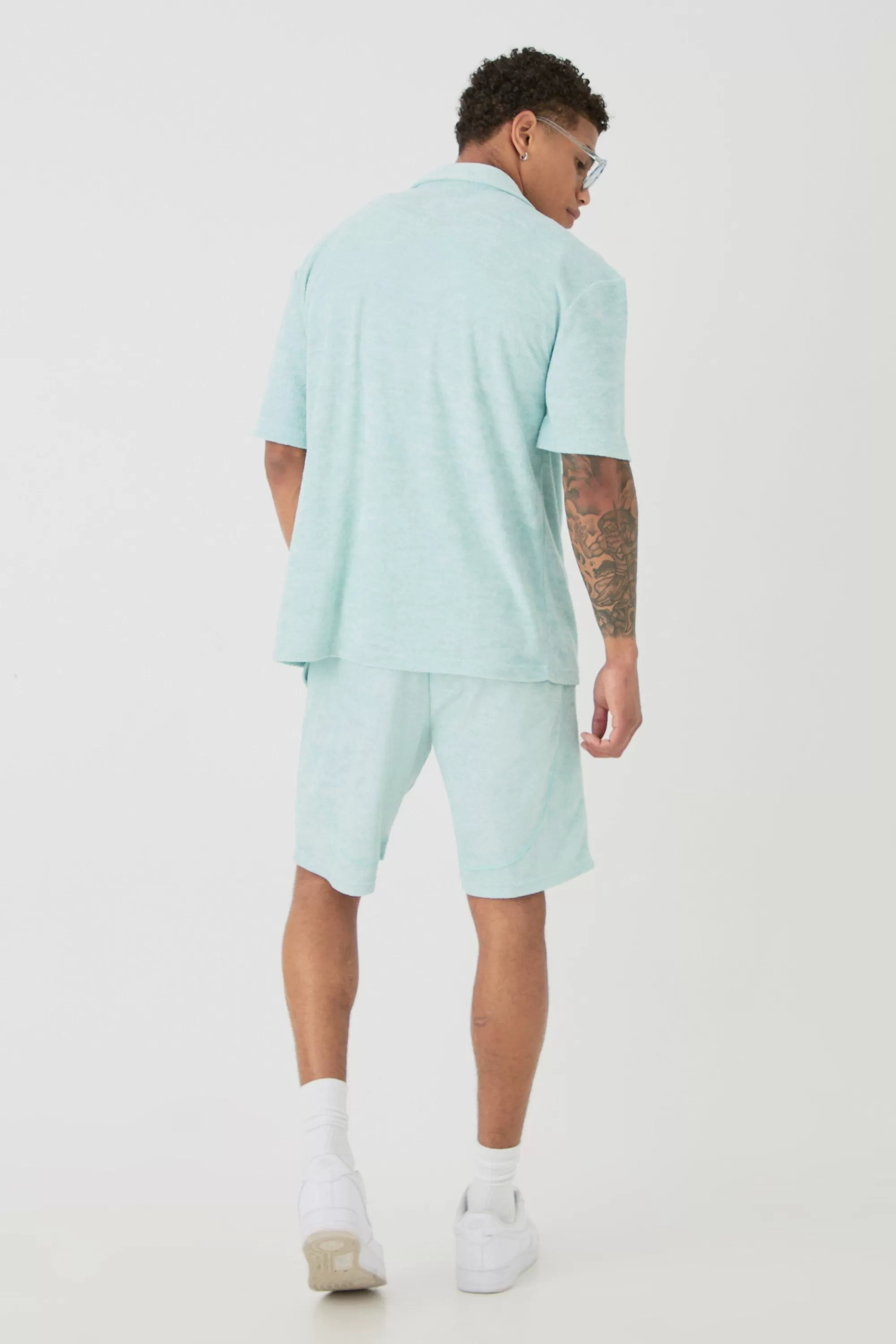 boohooMAN Drop Revere Towelling Embroidered Shirt And Short Set | UK