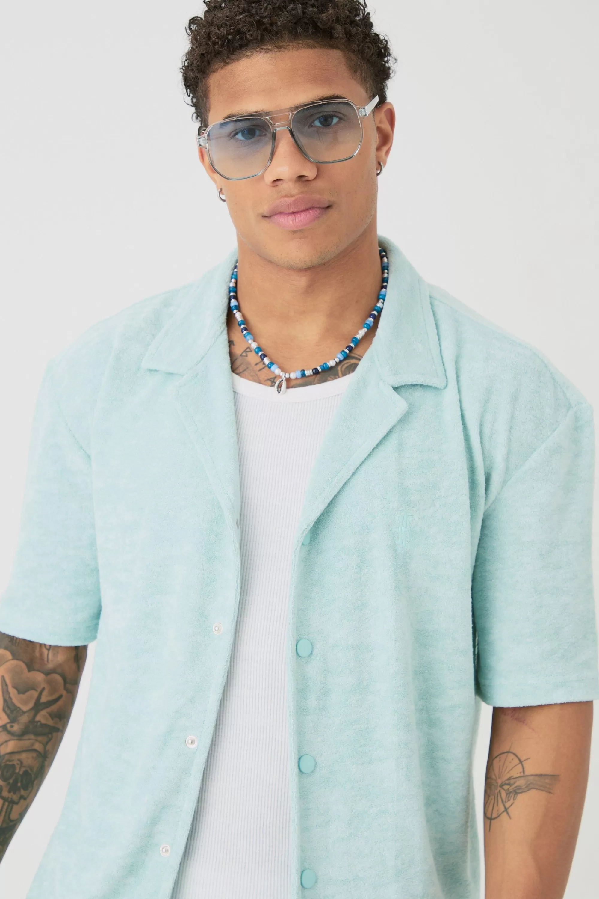 boohooMAN Drop Revere Towelling Embroidered Shirt And Short Set | UK