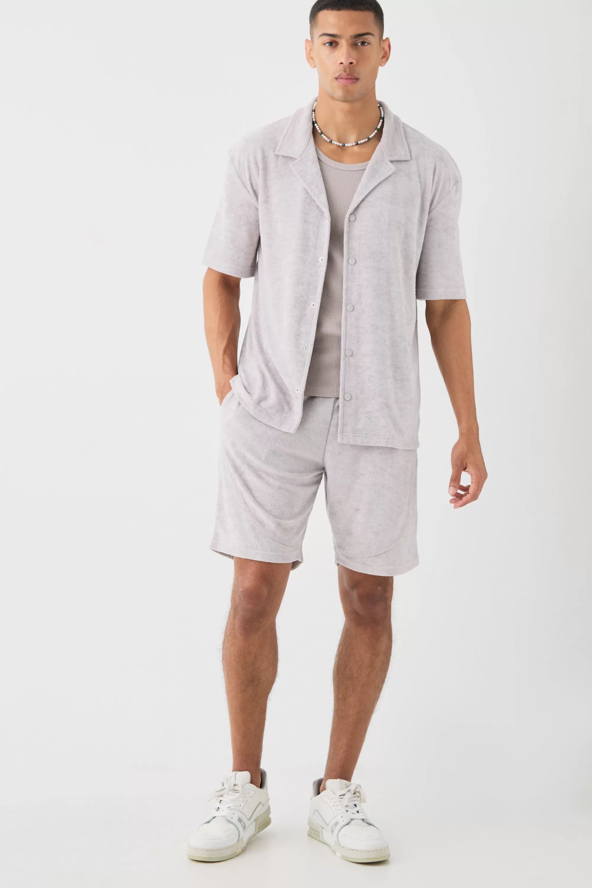 boohooMAN Drop Revere Towelling Shirt And Short Set | UK