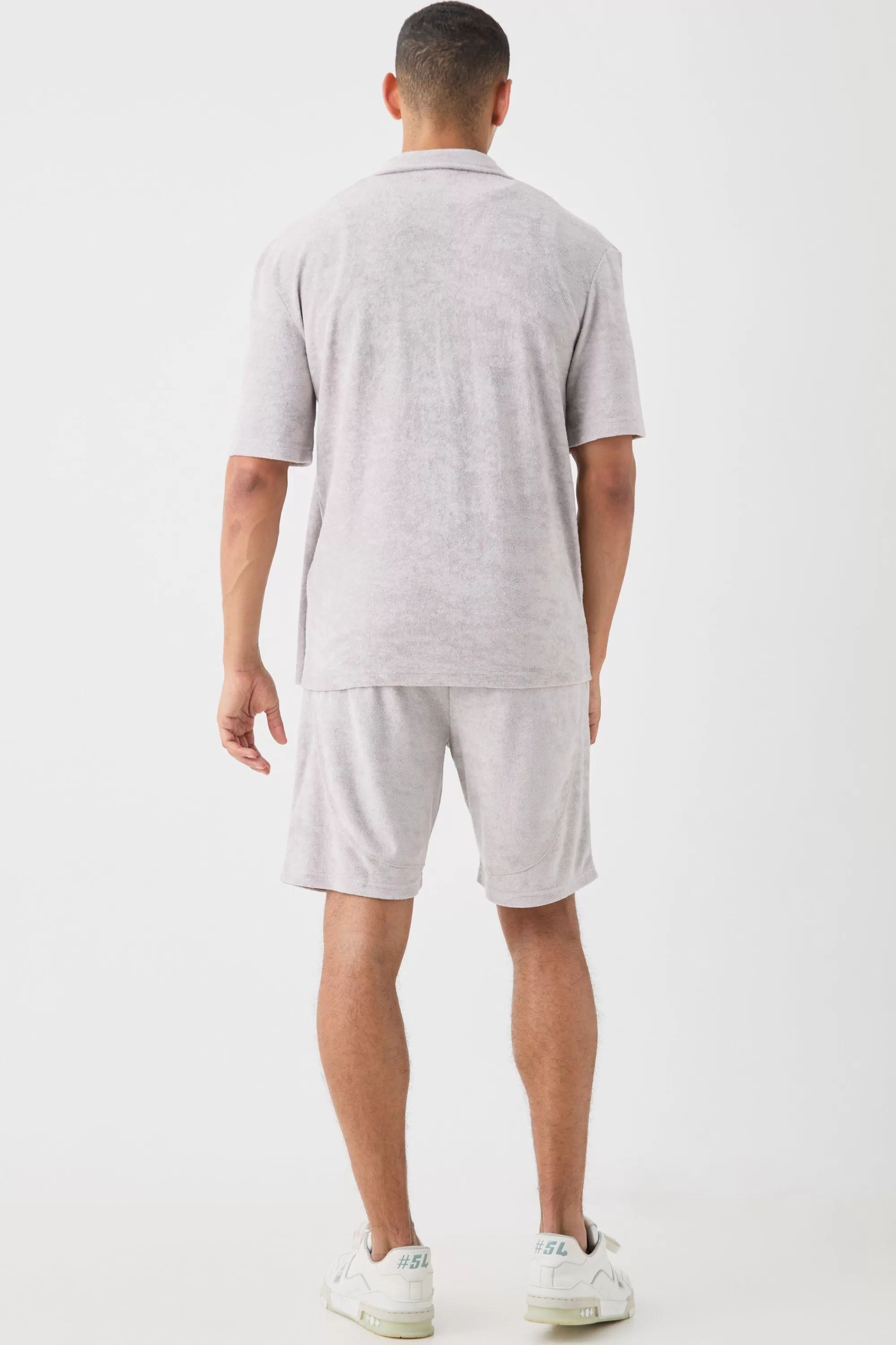 boohooMAN Drop Revere Towelling Shirt And Short Set | UK