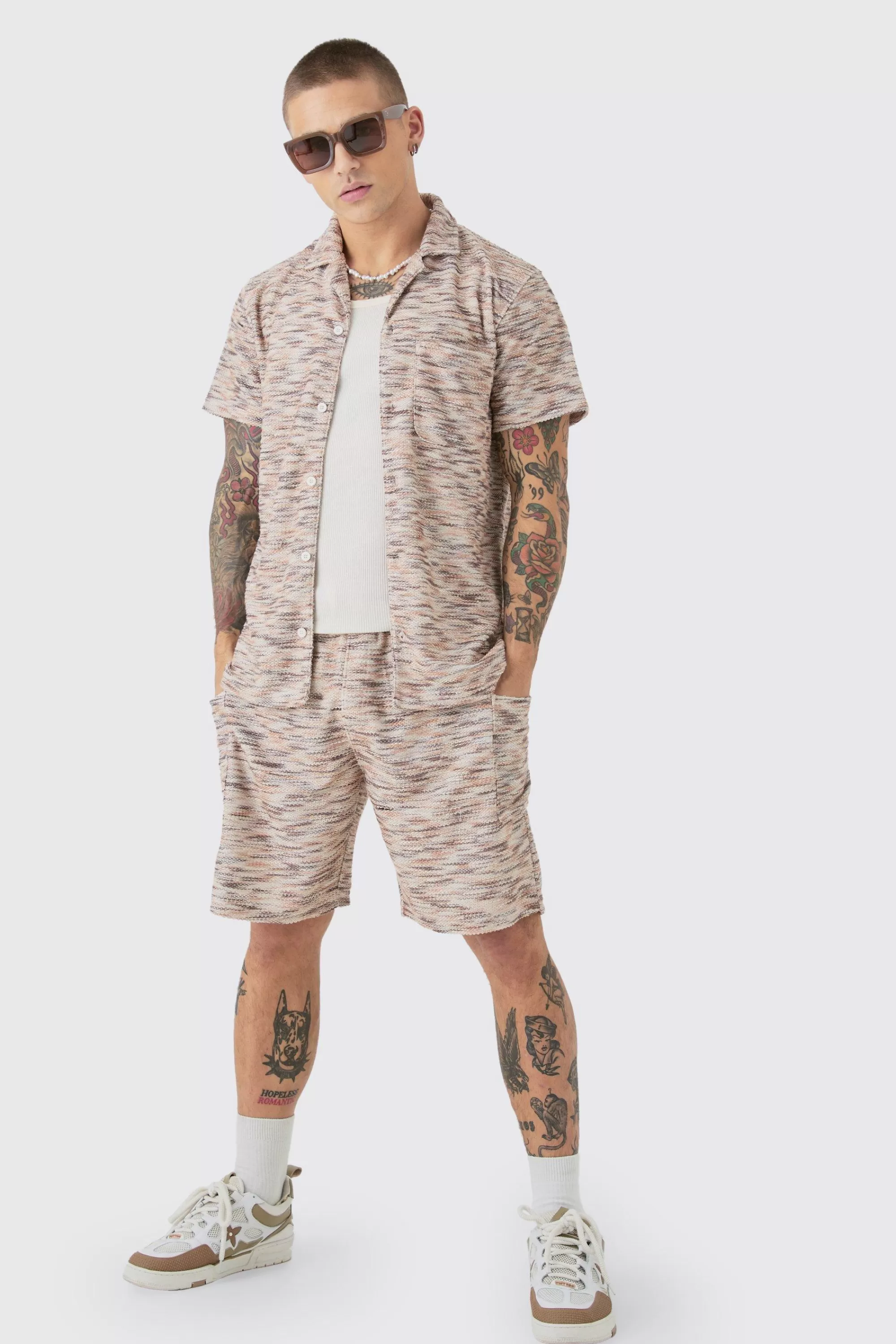boohooMAN Drop Shoulder Slub Boucle Shirt & Short Set | UK