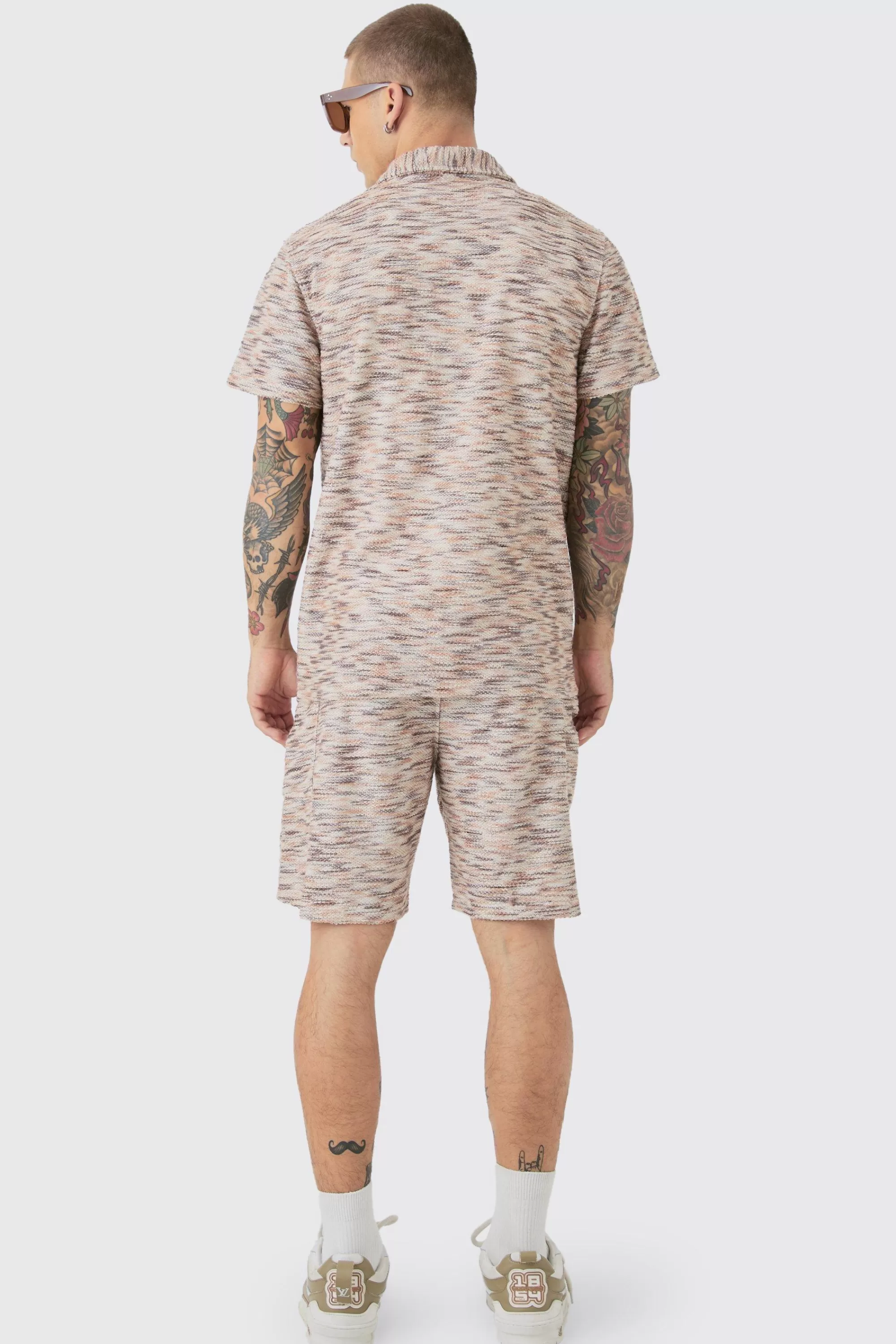 boohooMAN Drop Shoulder Slub Boucle Shirt & Short Set | UK