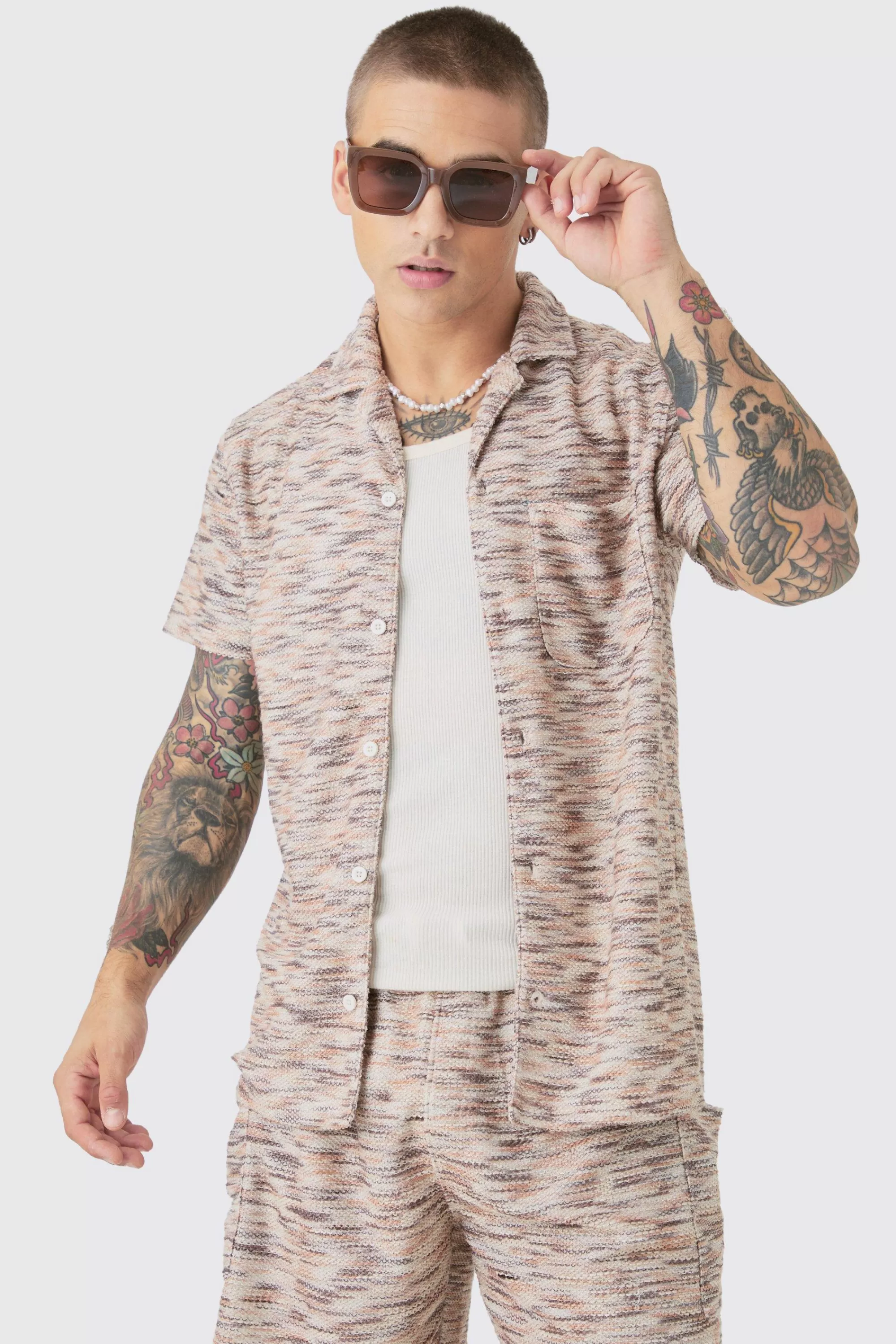 boohooMAN Drop Shoulder Slub Boucle Shirt & Short Set | UK