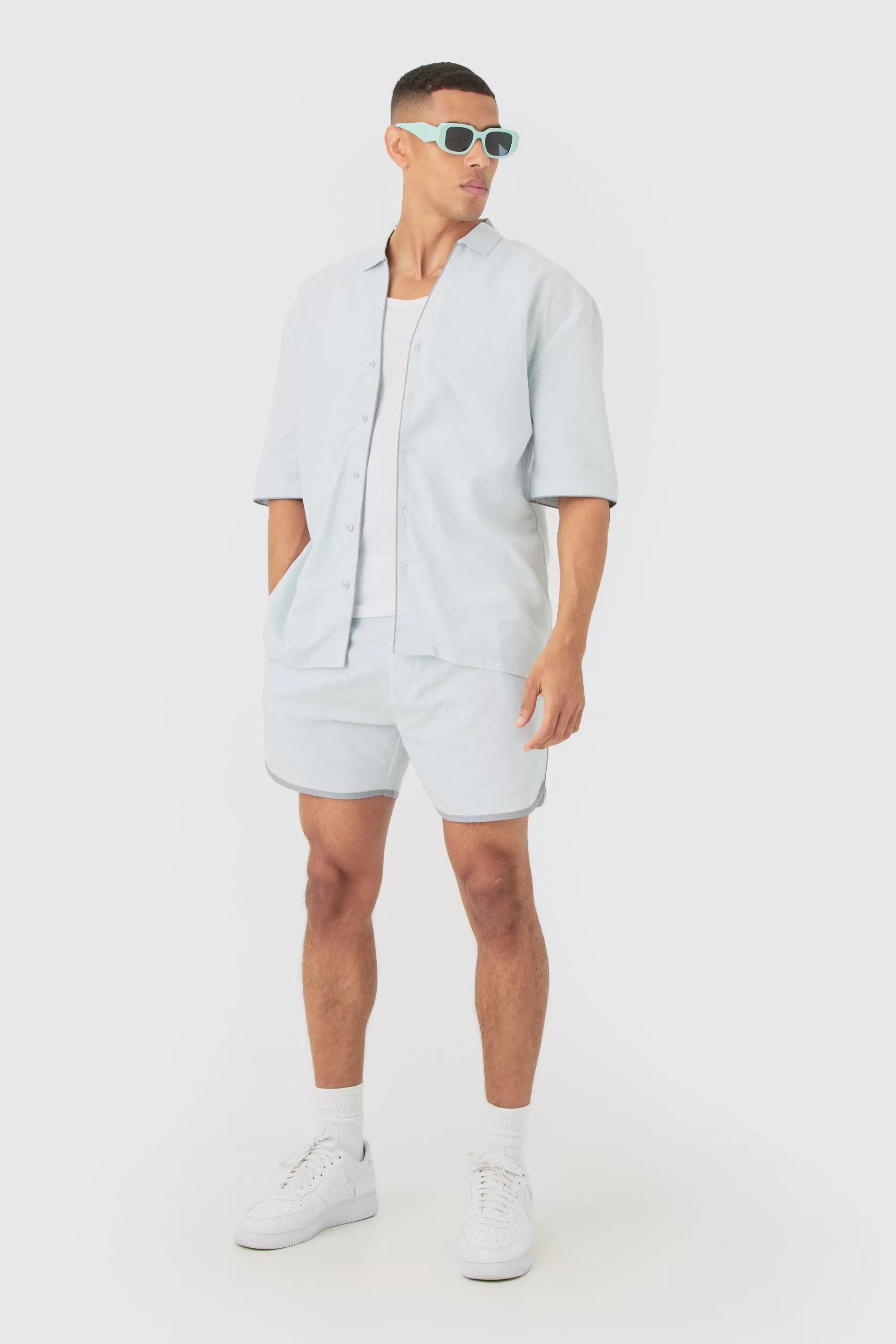 boohooMAN Dropped Revere Linen Piped Shirt & Smart Short Set | UK
