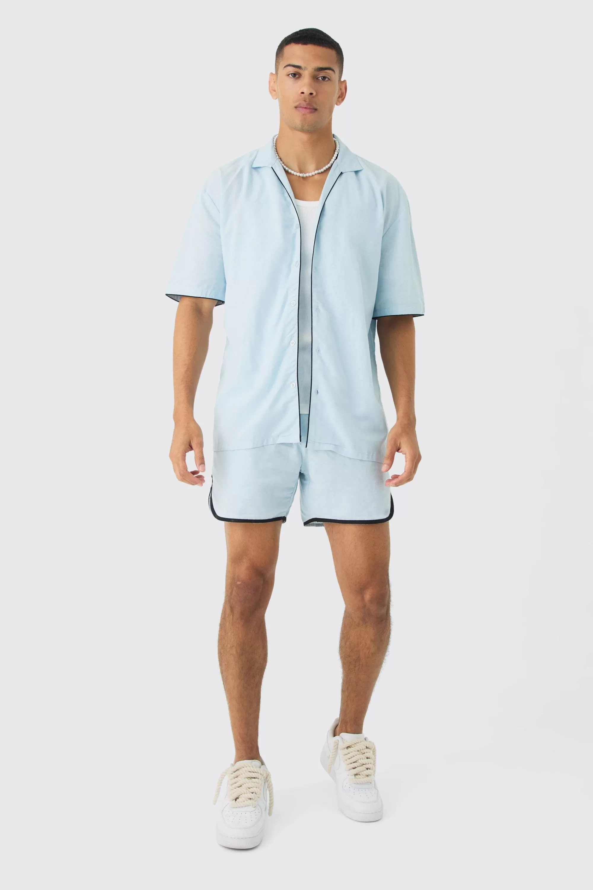 boohooMAN Dropped Revere Linen Piped Shirt & Smart Short Set | UK