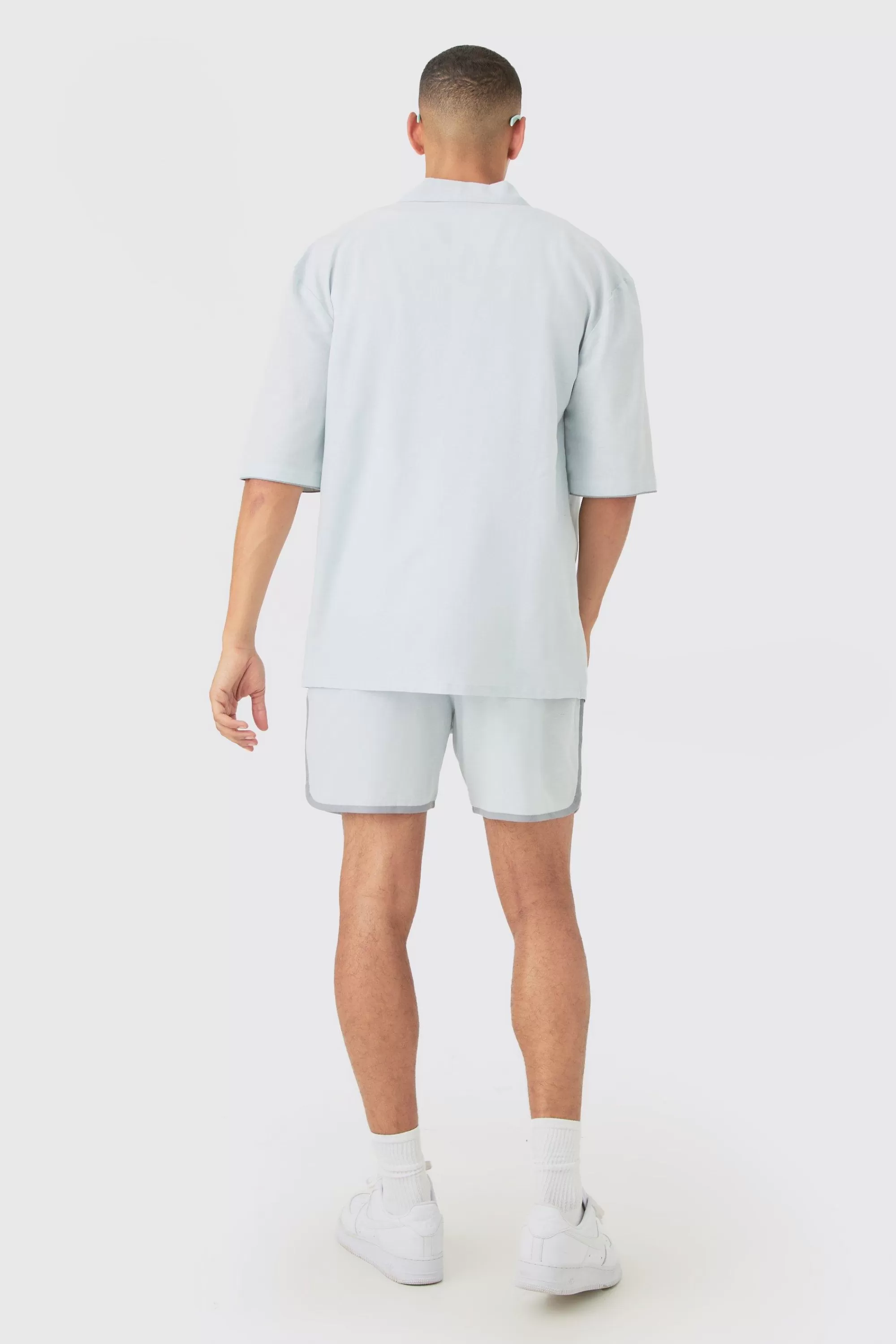 boohooMAN Dropped Revere Linen Piped Shirt & Smart Short Set | UK