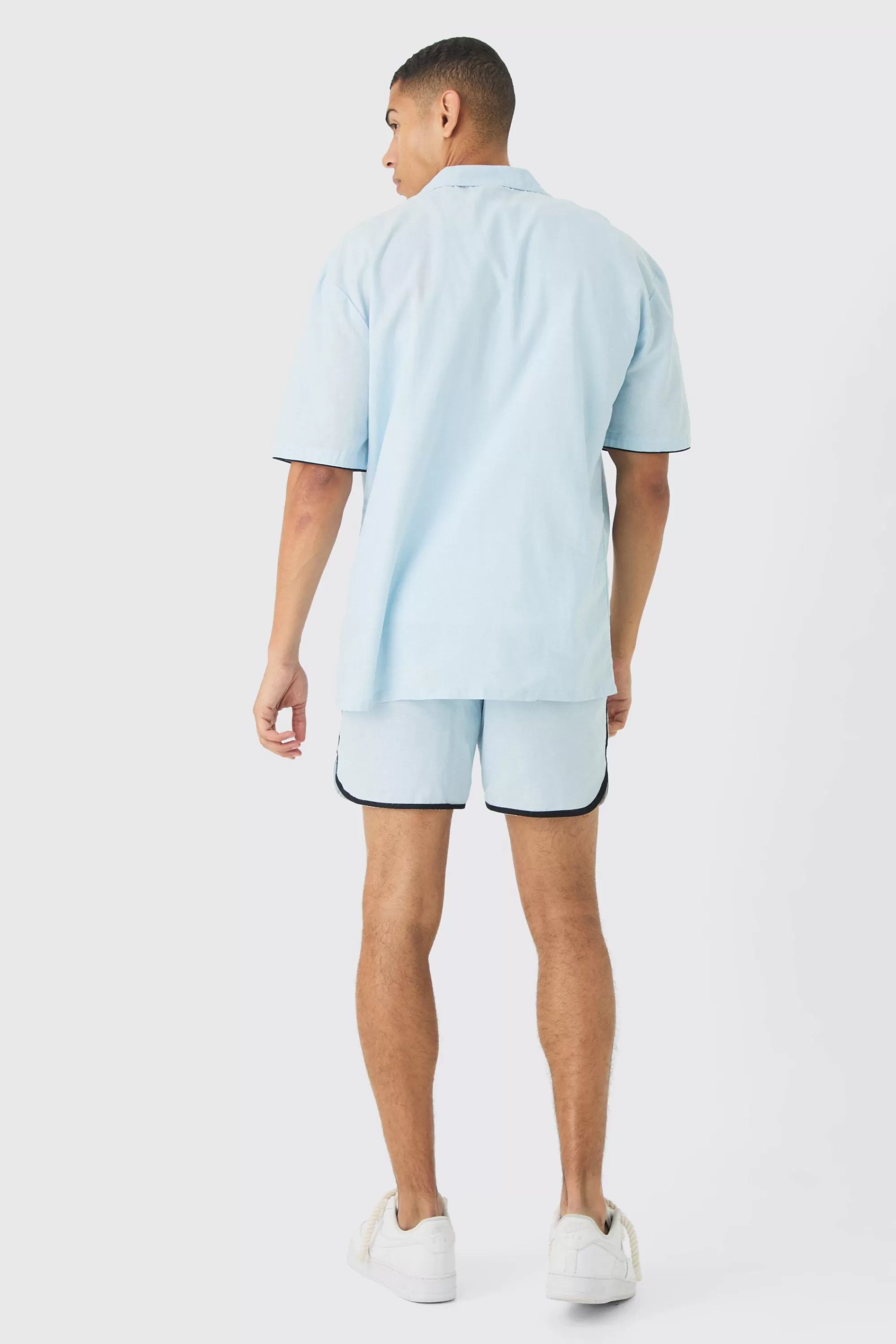 boohooMAN Dropped Revere Linen Piped Shirt & Smart Short Set | UK