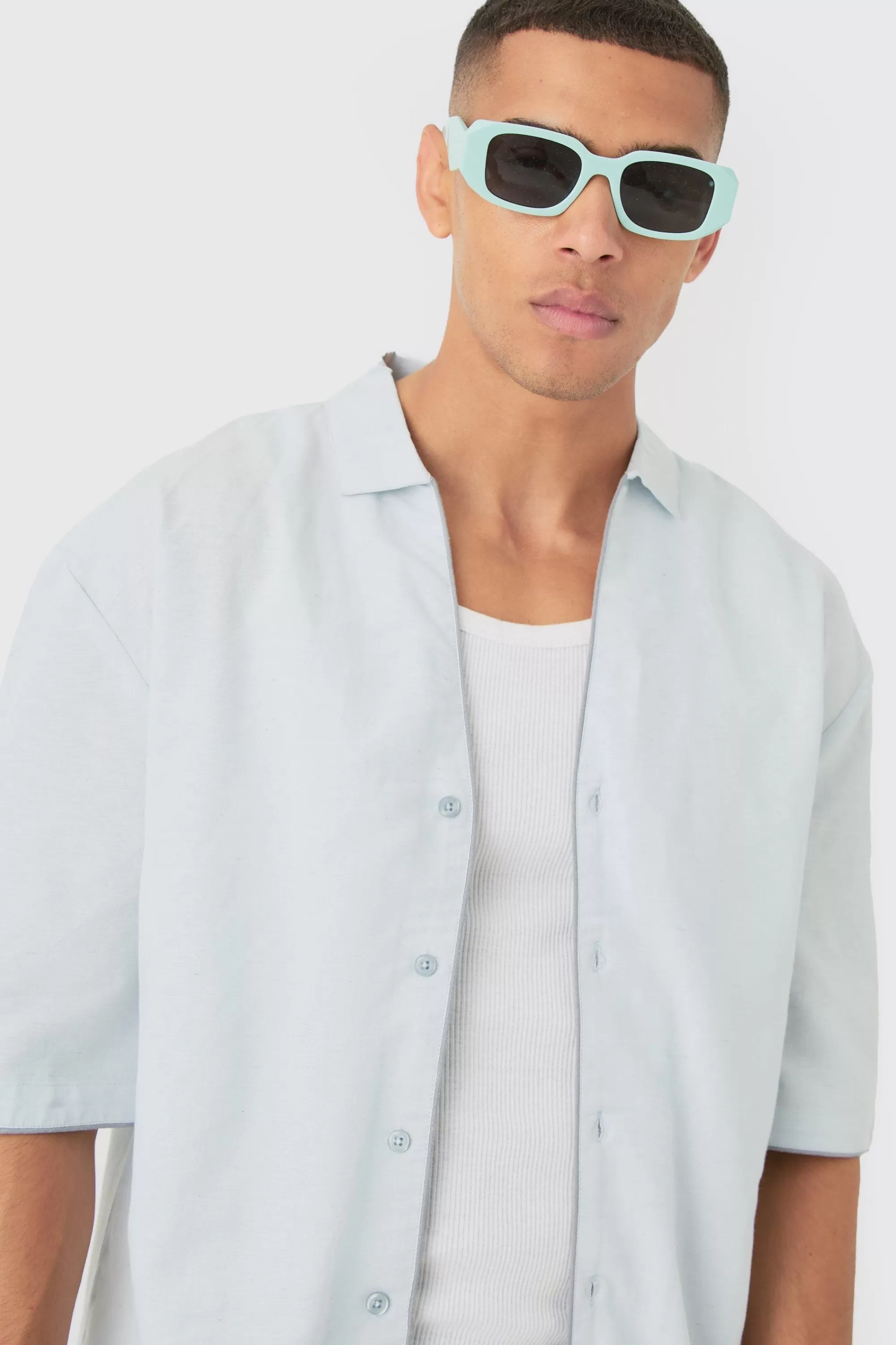 boohooMAN Dropped Revere Linen Piped Shirt & Smart Short Set | UK