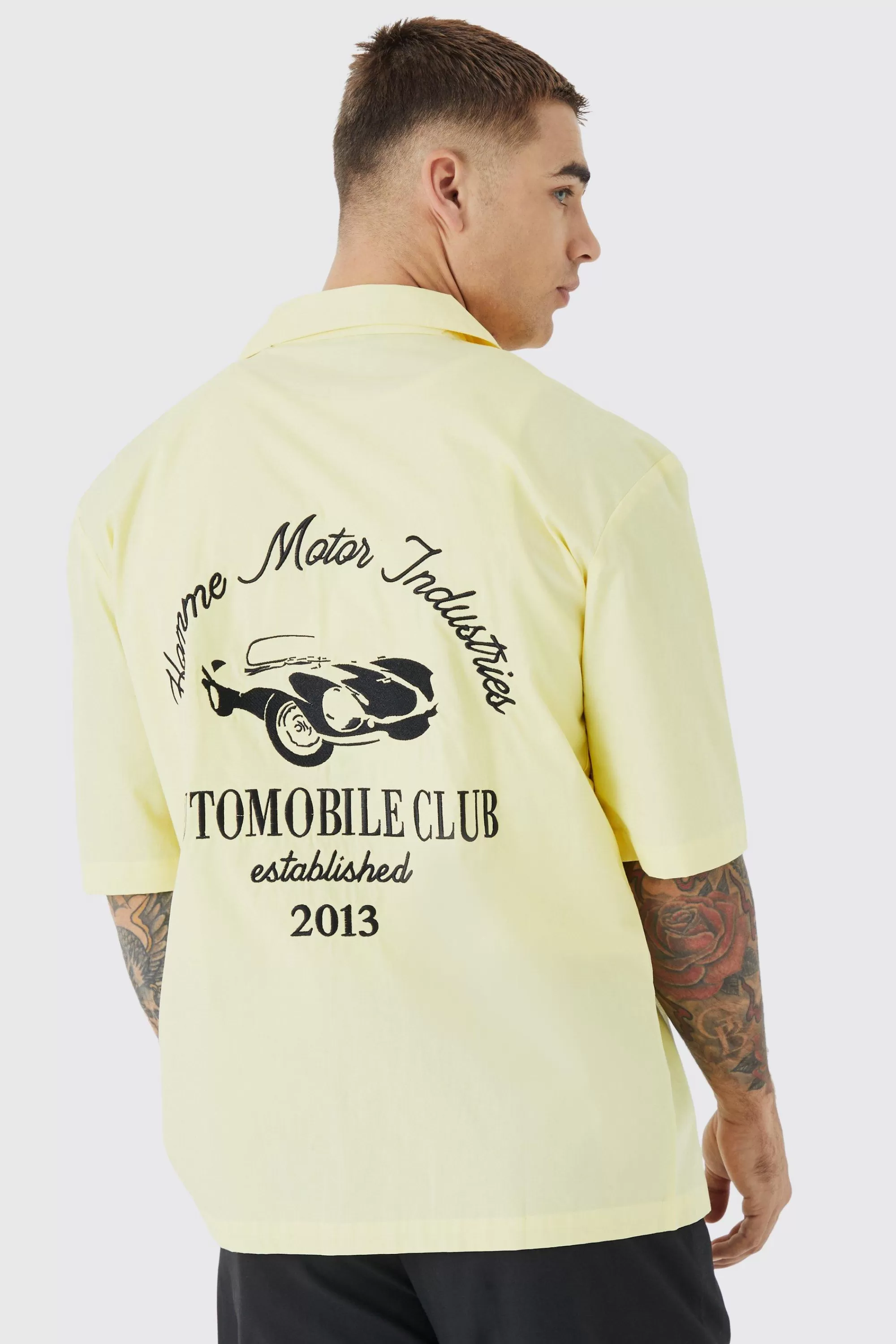 boohooMAN Dropped Revere Poplin Automobile Club Shirt | UK