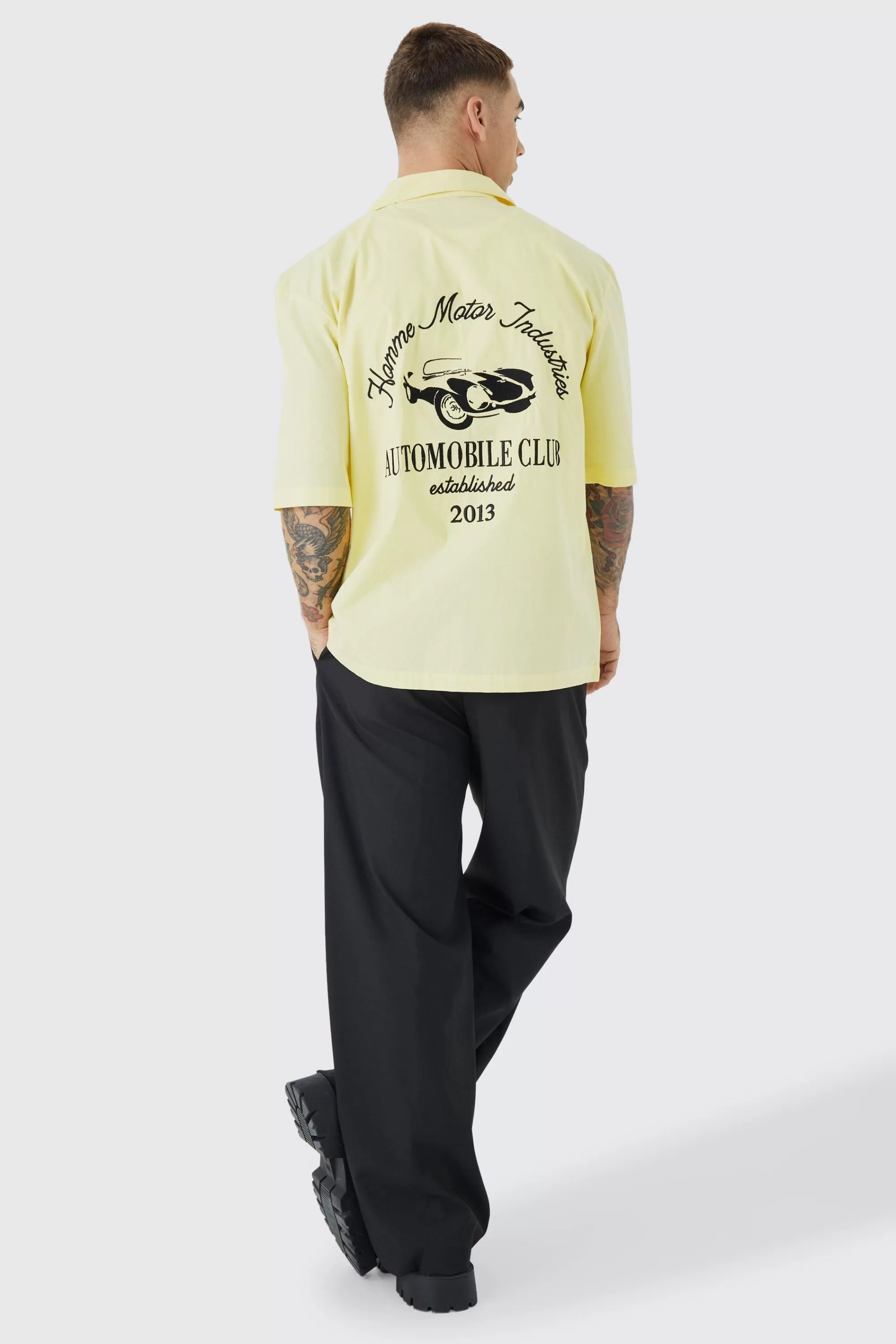 boohooMAN Dropped Revere Poplin Automobile Club Shirt | UK
