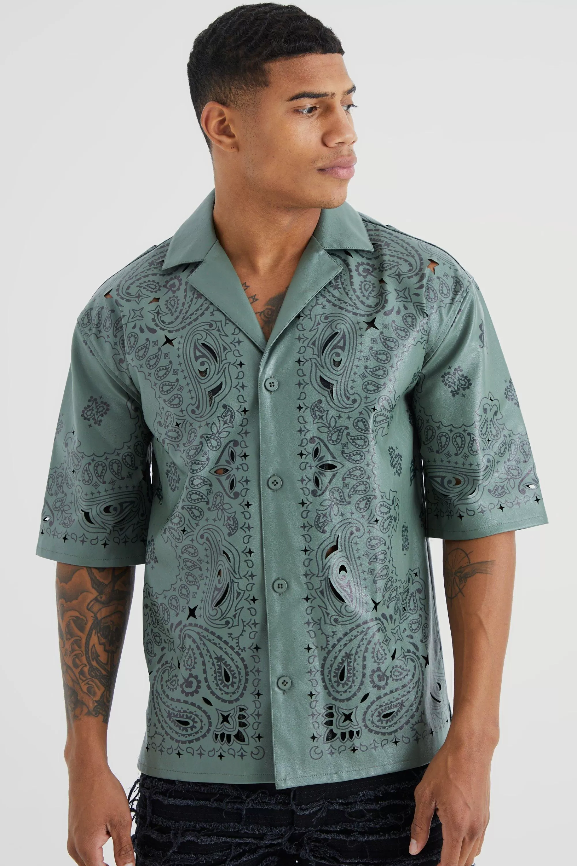boohooMAN Dropped Revere Pu Printed Bandana Shirt | UK