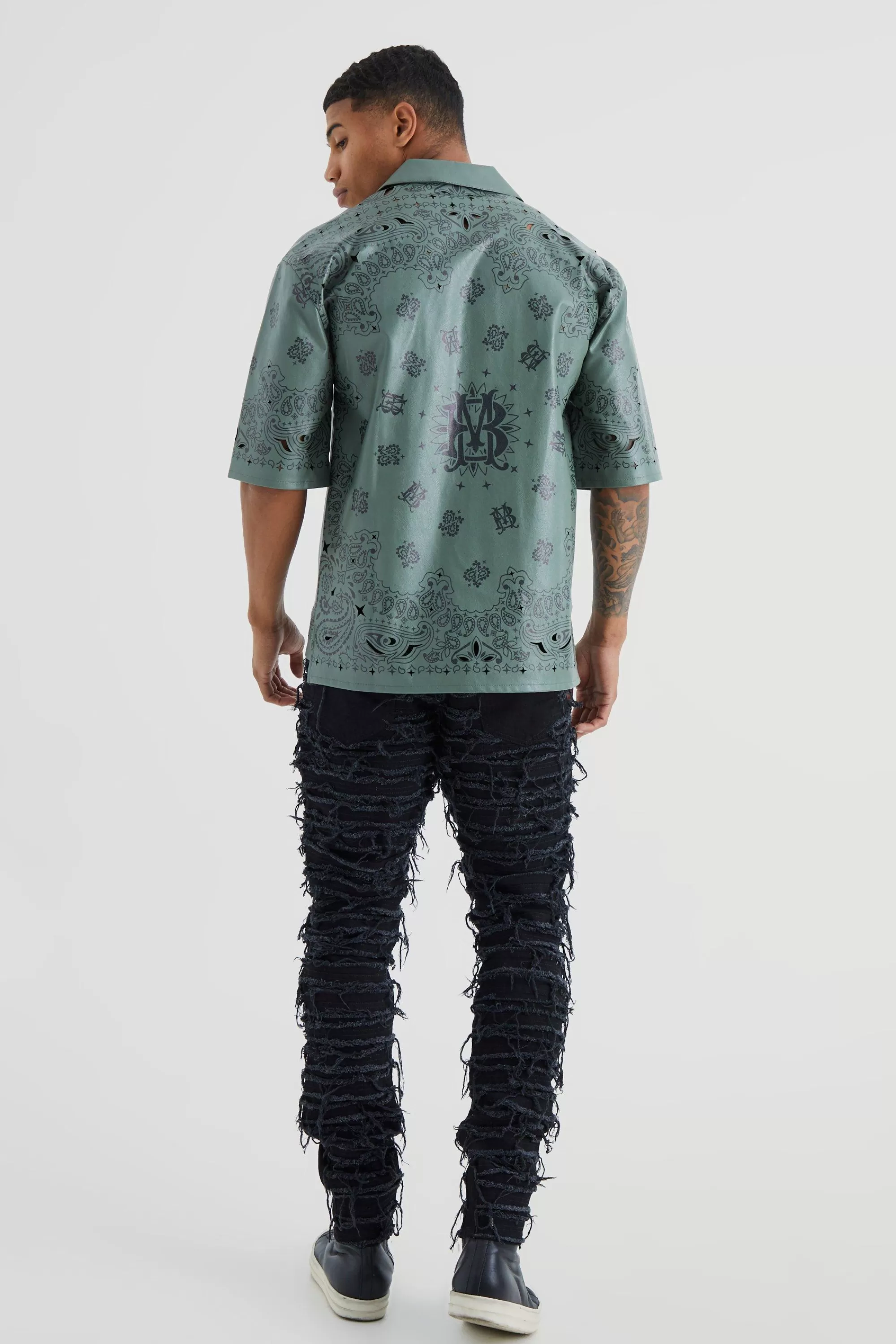 boohooMAN Dropped Revere Pu Printed Bandana Shirt | UK
