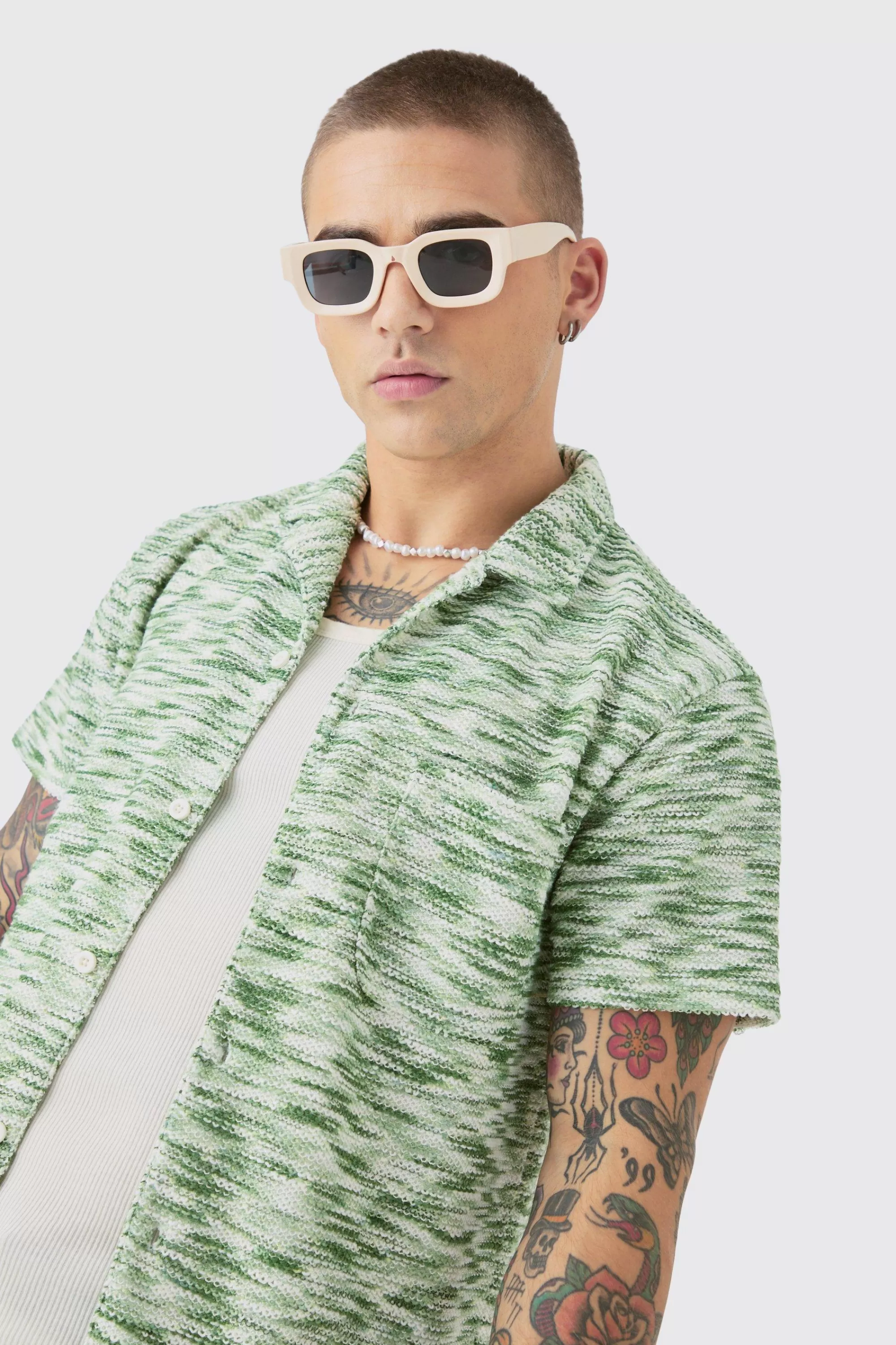 boohooMAN Dropped Soulder Boucle Slub Revere Shirt | UK