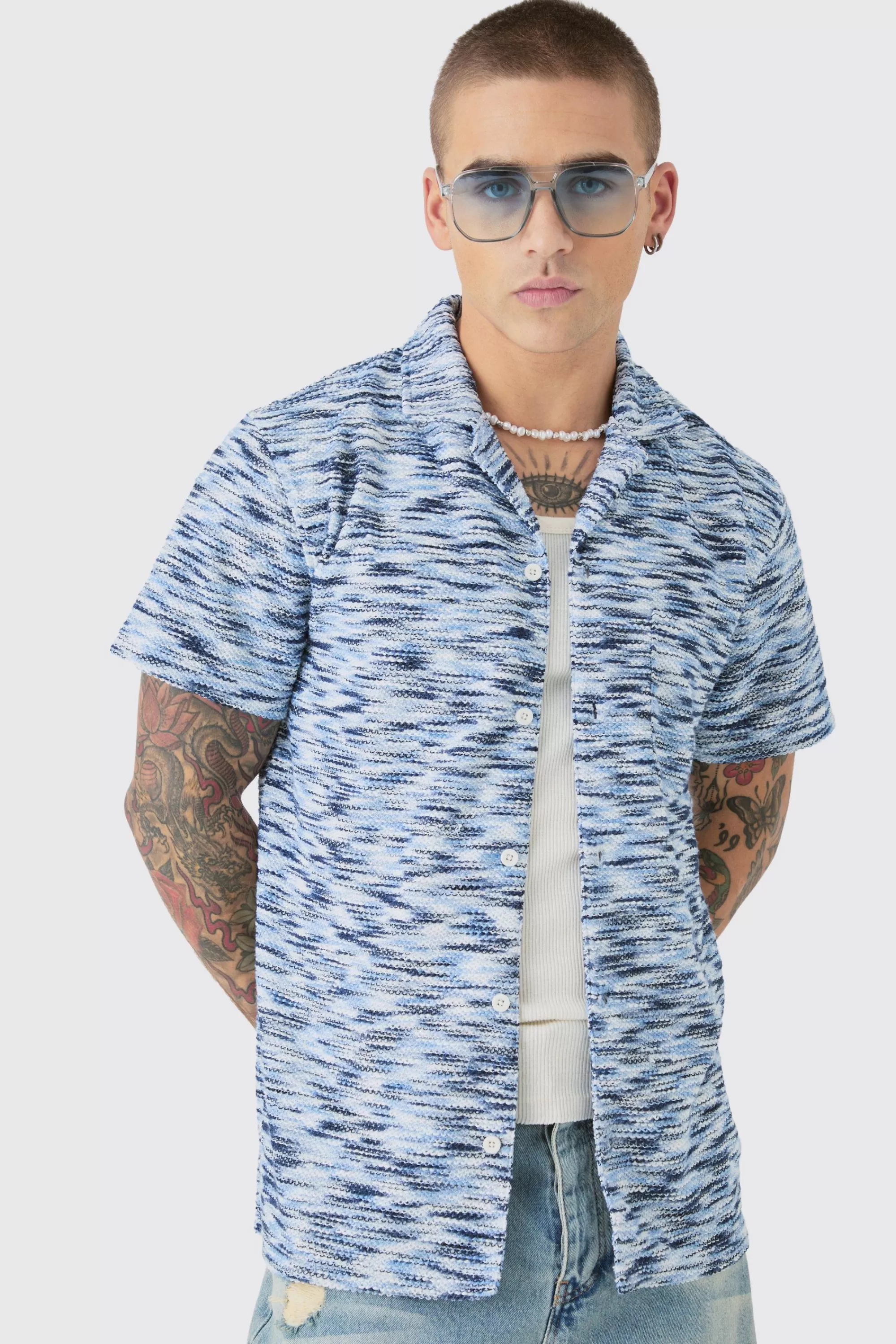 boohooMAN Dropped Soulder Boucle Slub Revere Shirt | UK
