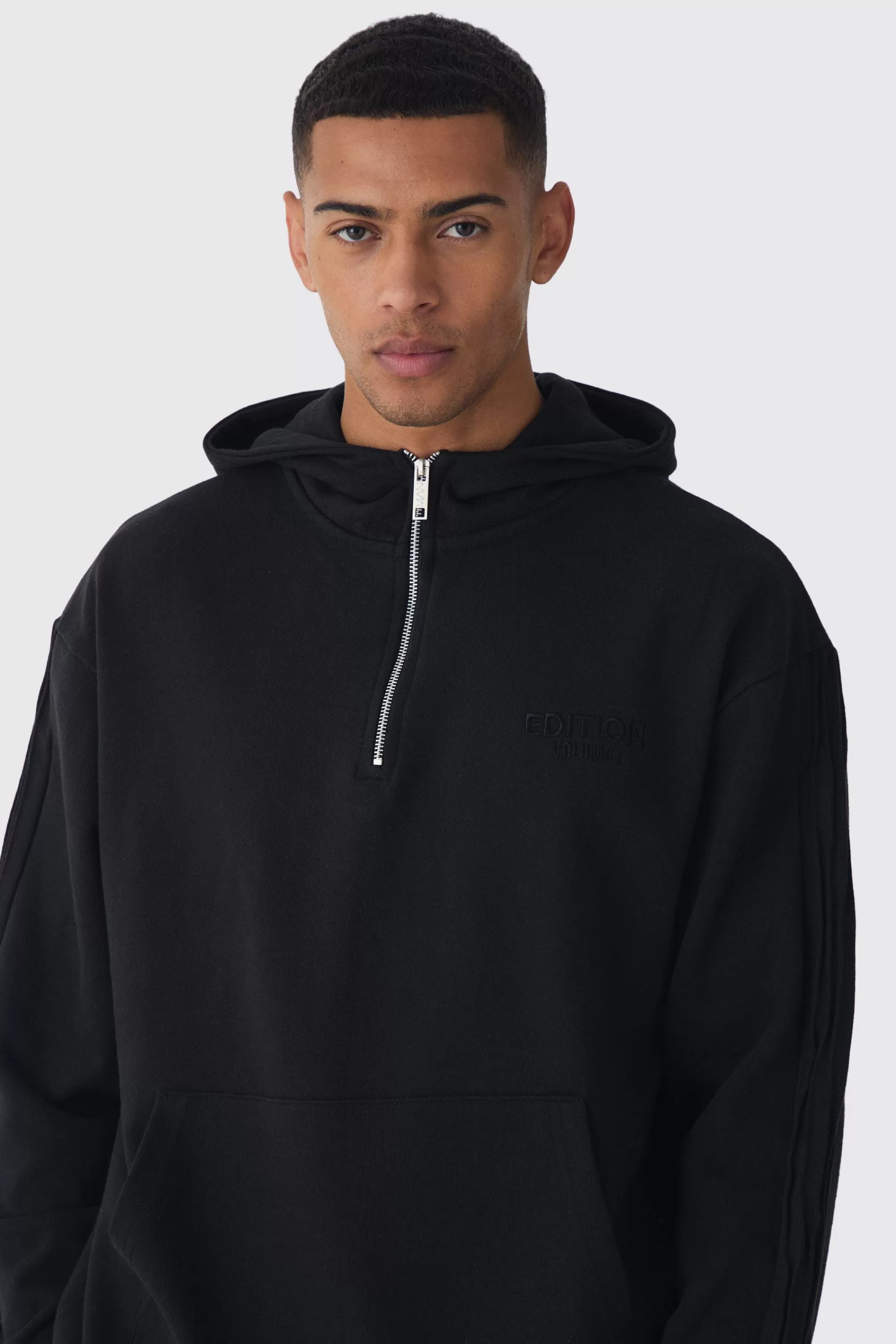 boohooMAN EDITION Oversized Heavyweight 1/4 Zip Pintuck Hoodie | UK