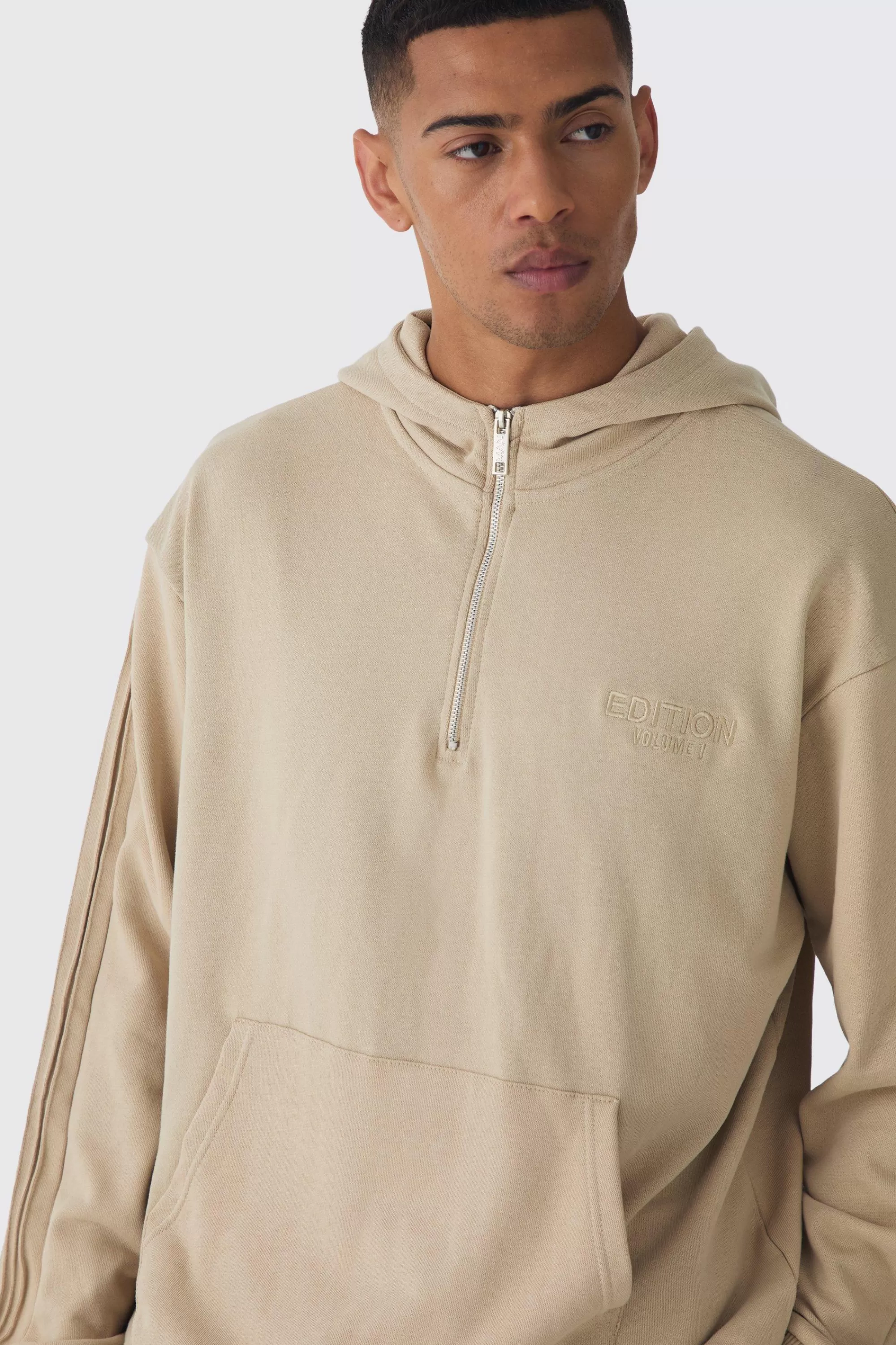 boohooMAN EDITION Oversized Heavyweight 1/4 Zip Pintuck Hoodie | UK
