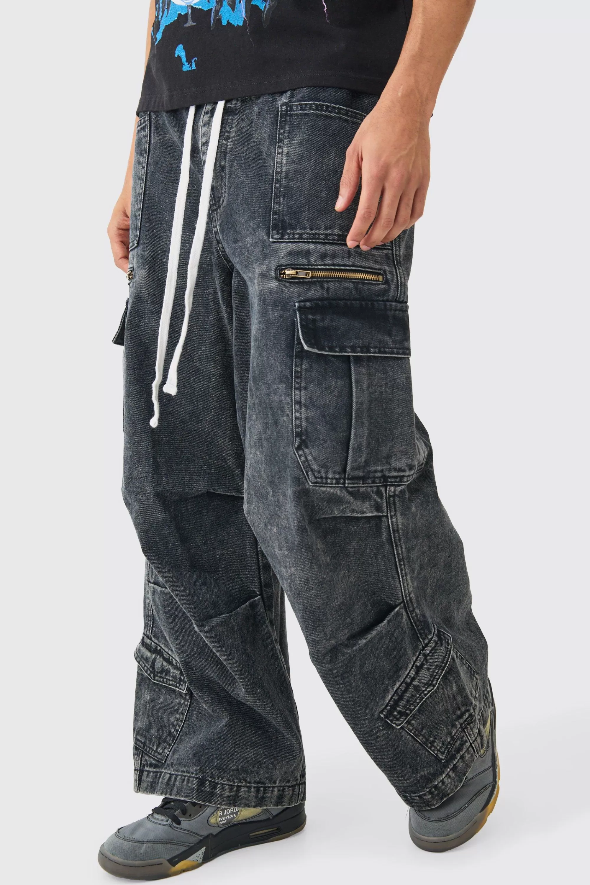 boohooMAN Elastic Waist Acid Wash Parachute Cargo Jeans In | UK