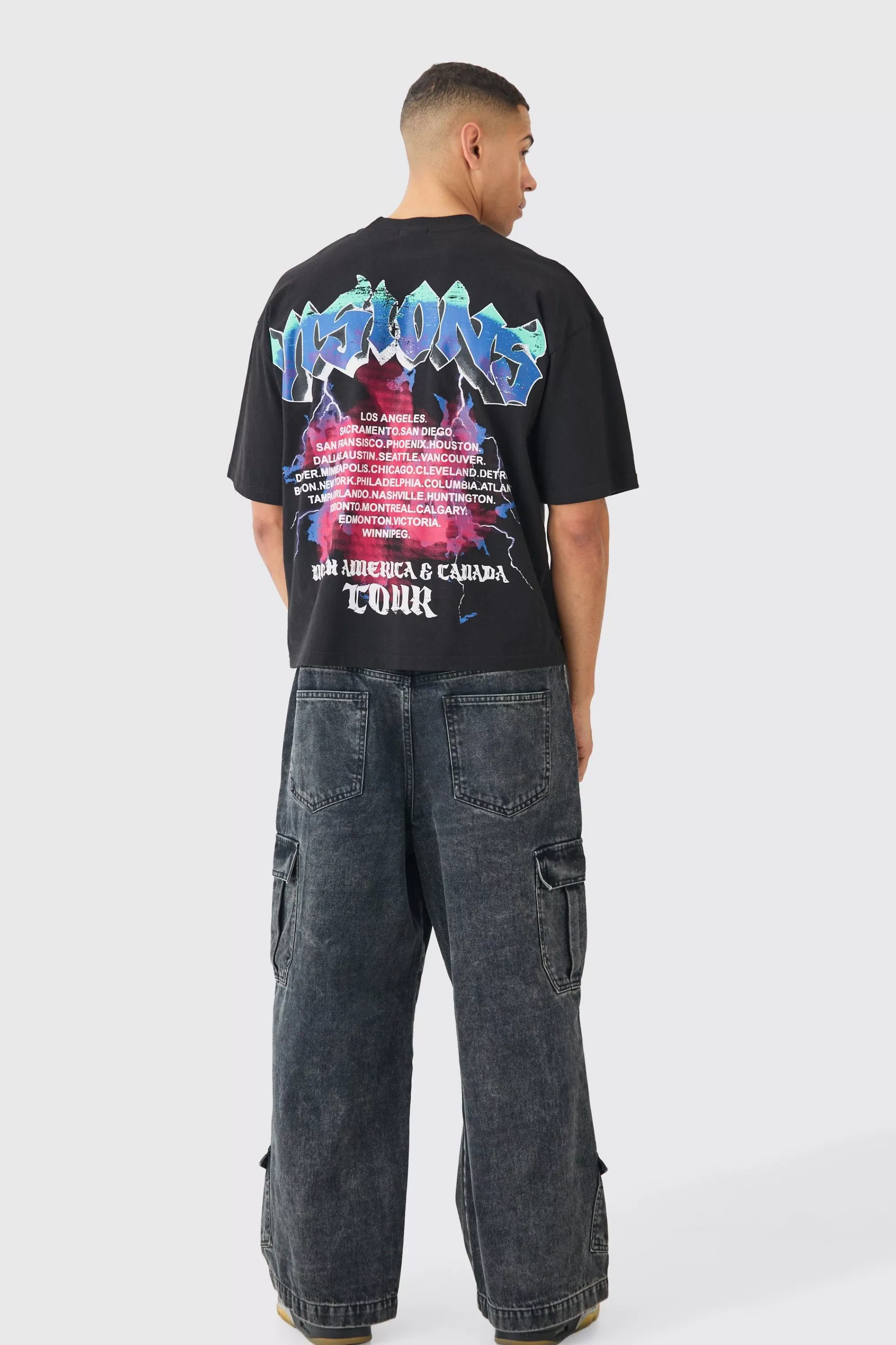 boohooMAN Elastic Waist Acid Wash Parachute Cargo Jeans In | UK