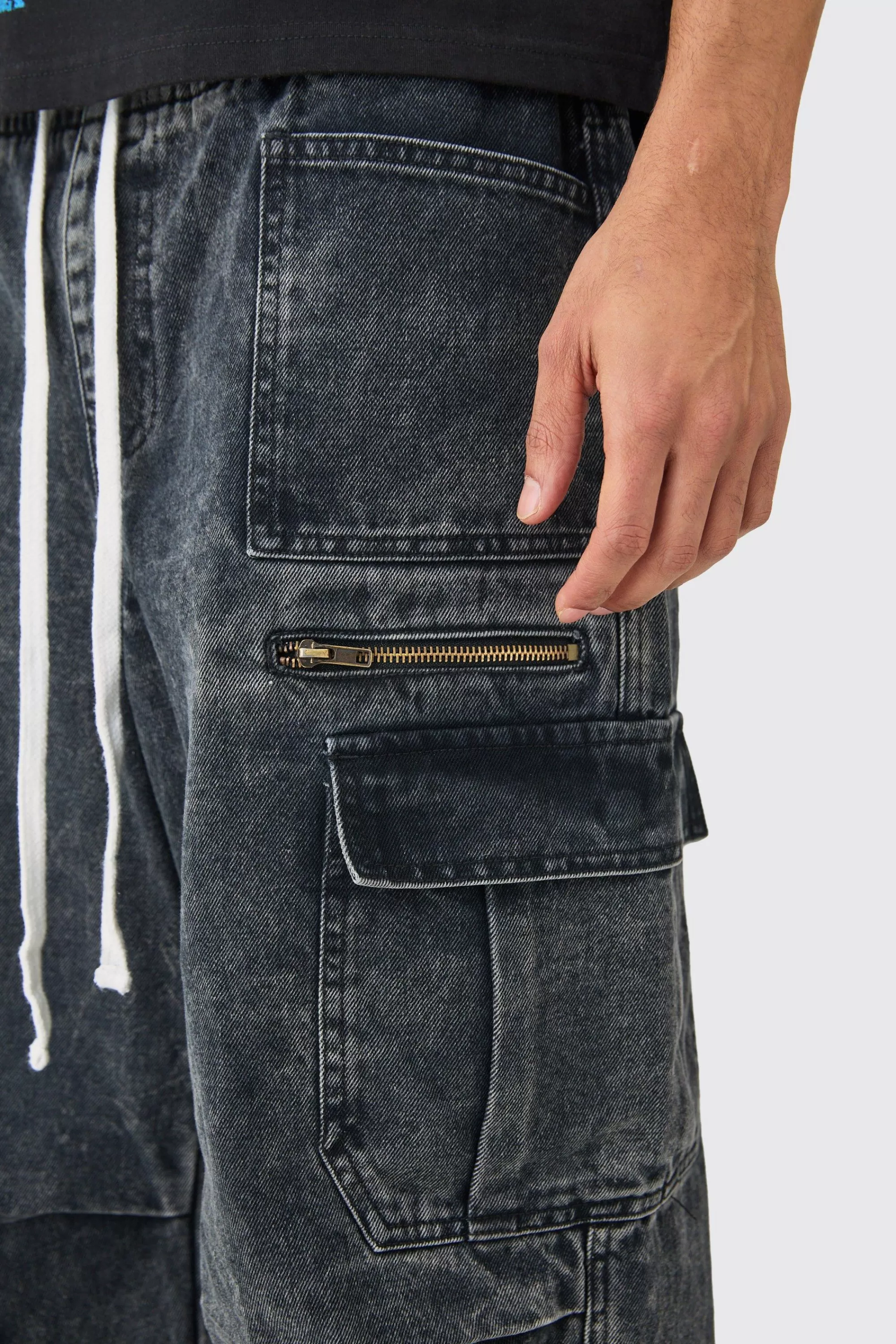 boohooMAN Elastic Waist Acid Wash Parachute Cargo Jeans In | UK