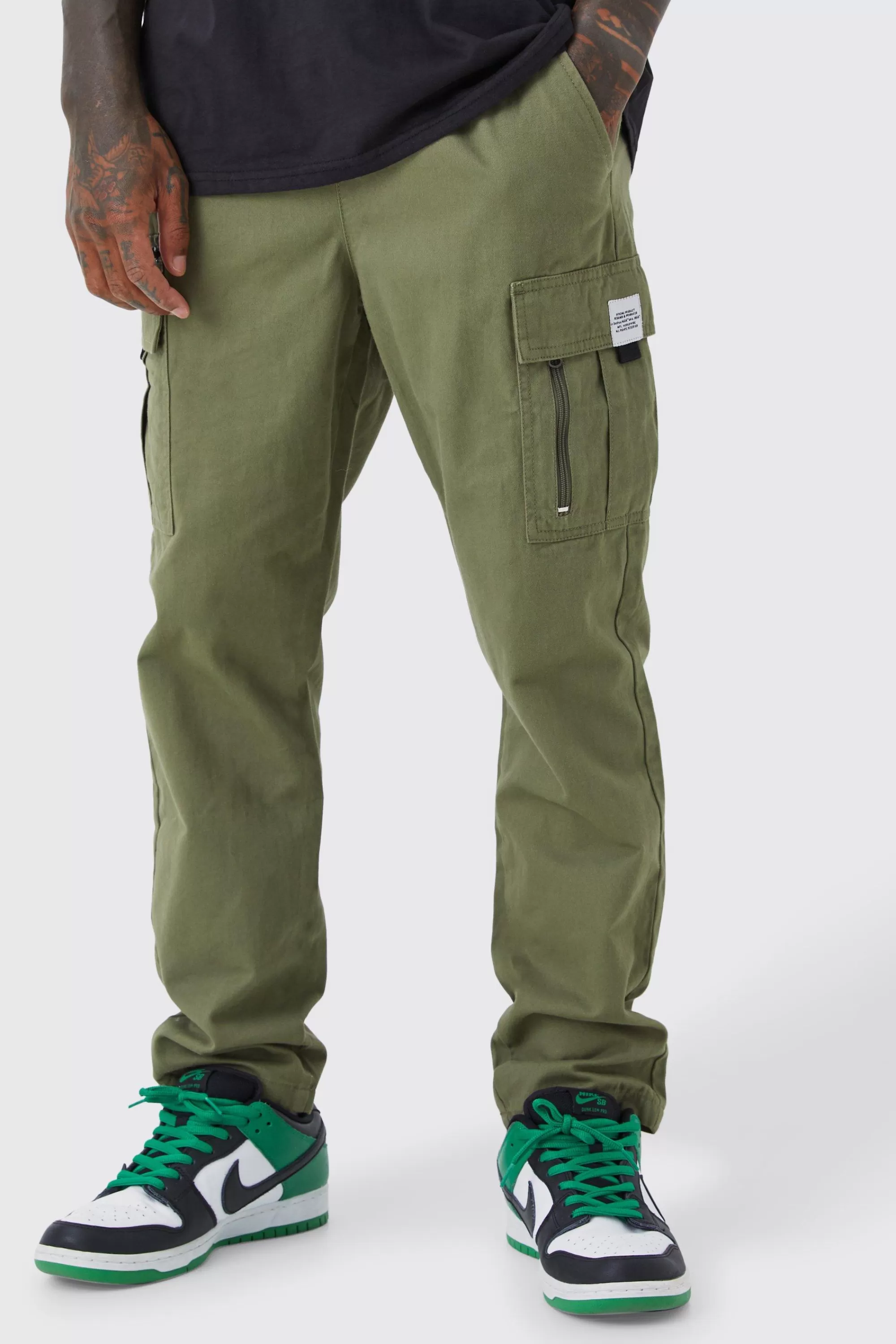 boohooMAN Elastic Waist Straight Cargo Zip Detail Trouser | UK