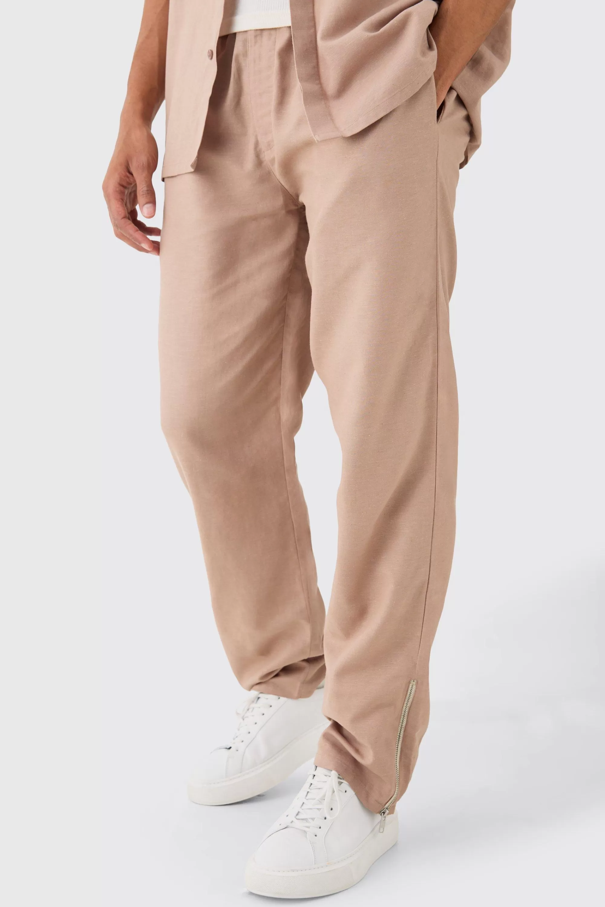 boohooMAN Elastic Waist Straight Leg Linen Trouser | UK
