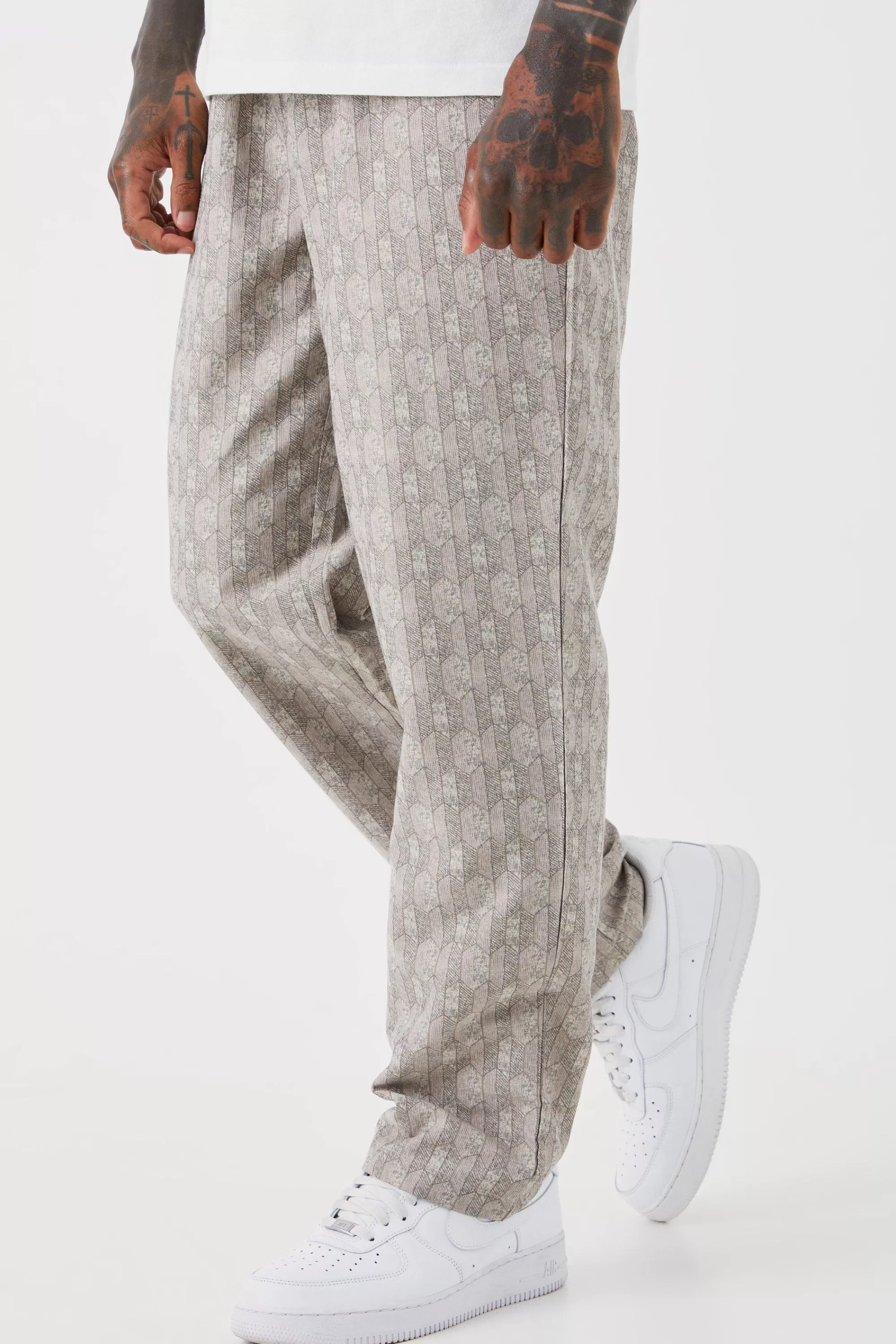 boohooMAN Elastic Waist Straight Woven Geo Trouser | UK