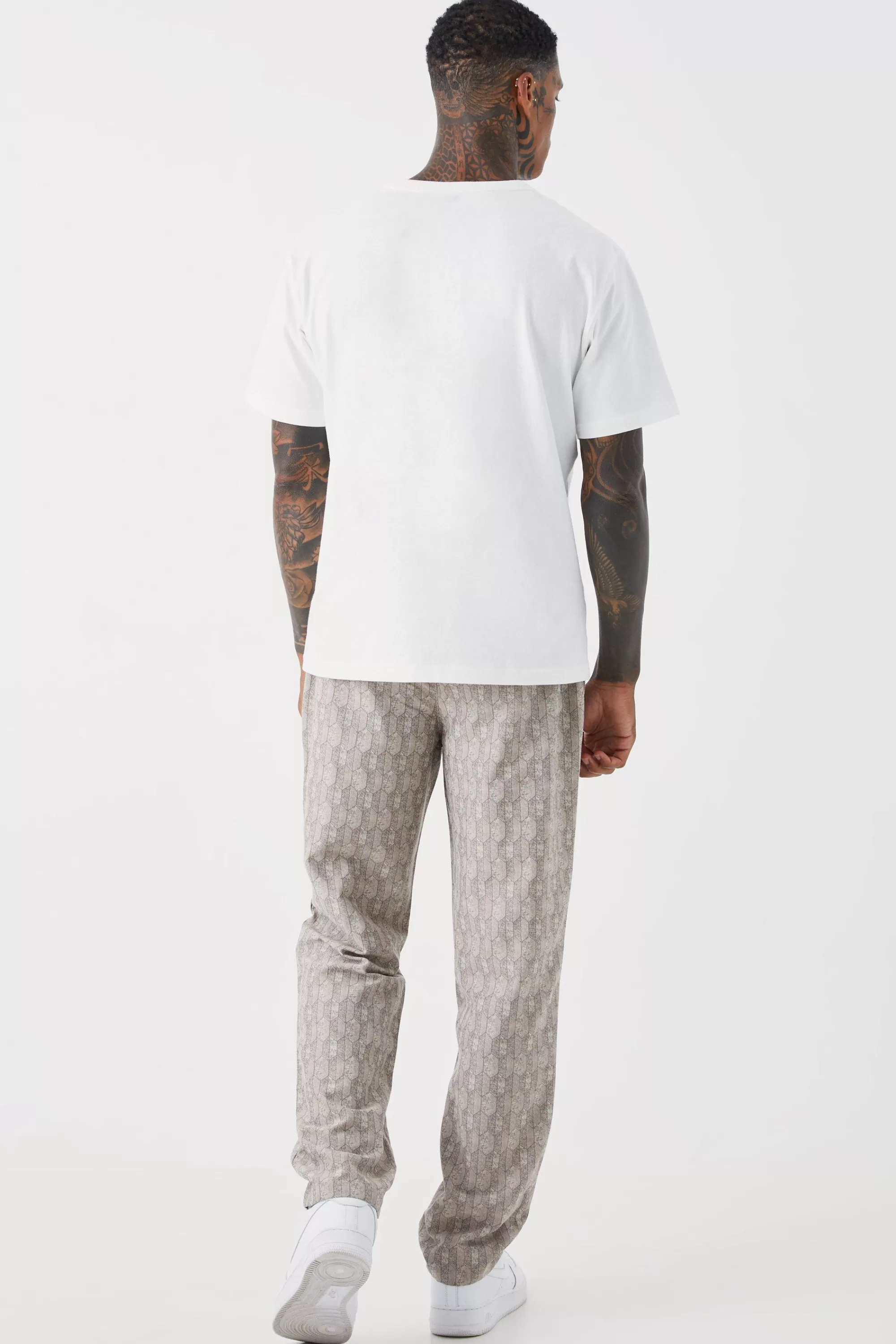 boohooMAN Elastic Waist Straight Woven Geo Trouser | UK