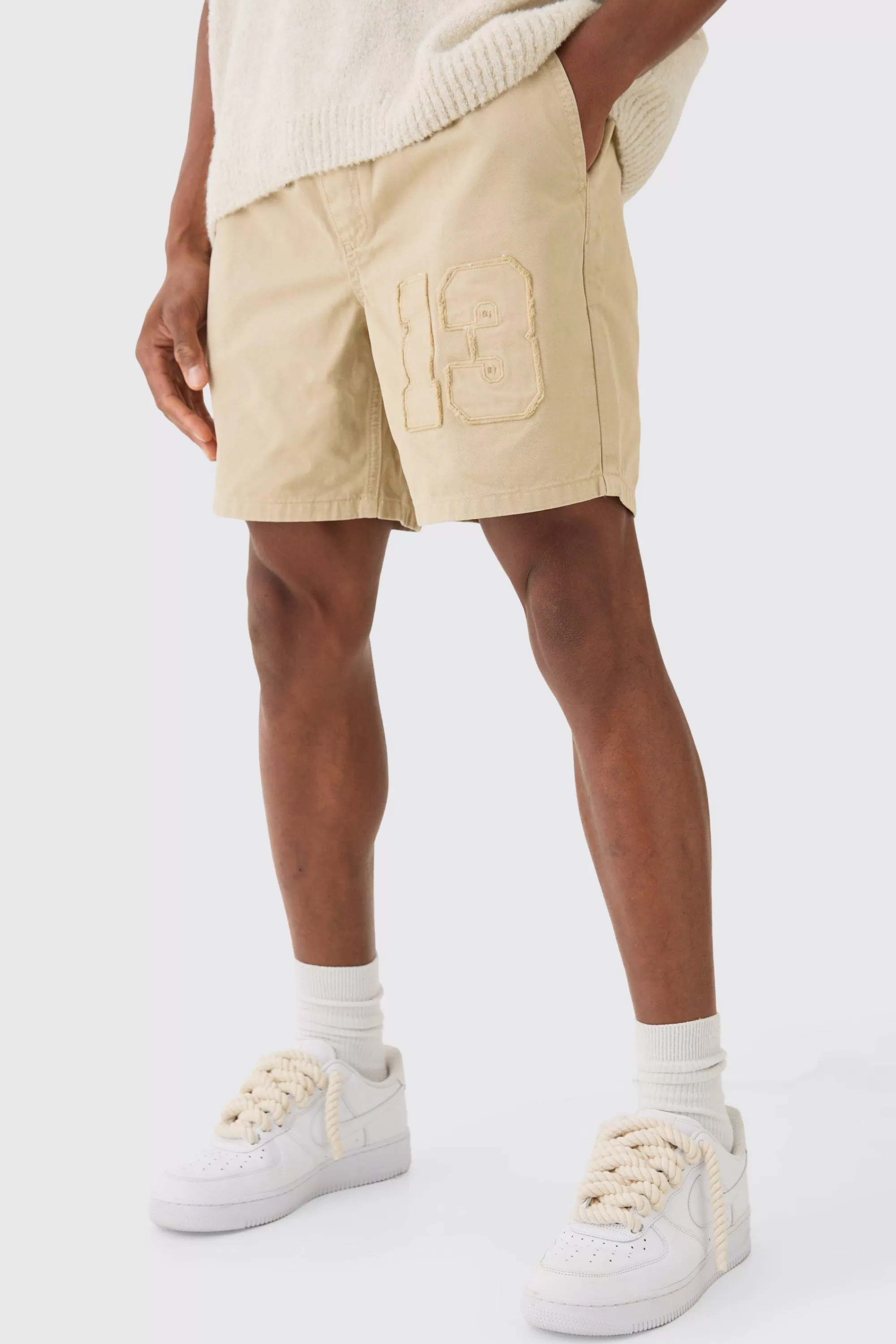 boohooMAN Elasticated Waist Applique Short Length Relaxed Shorts | UK