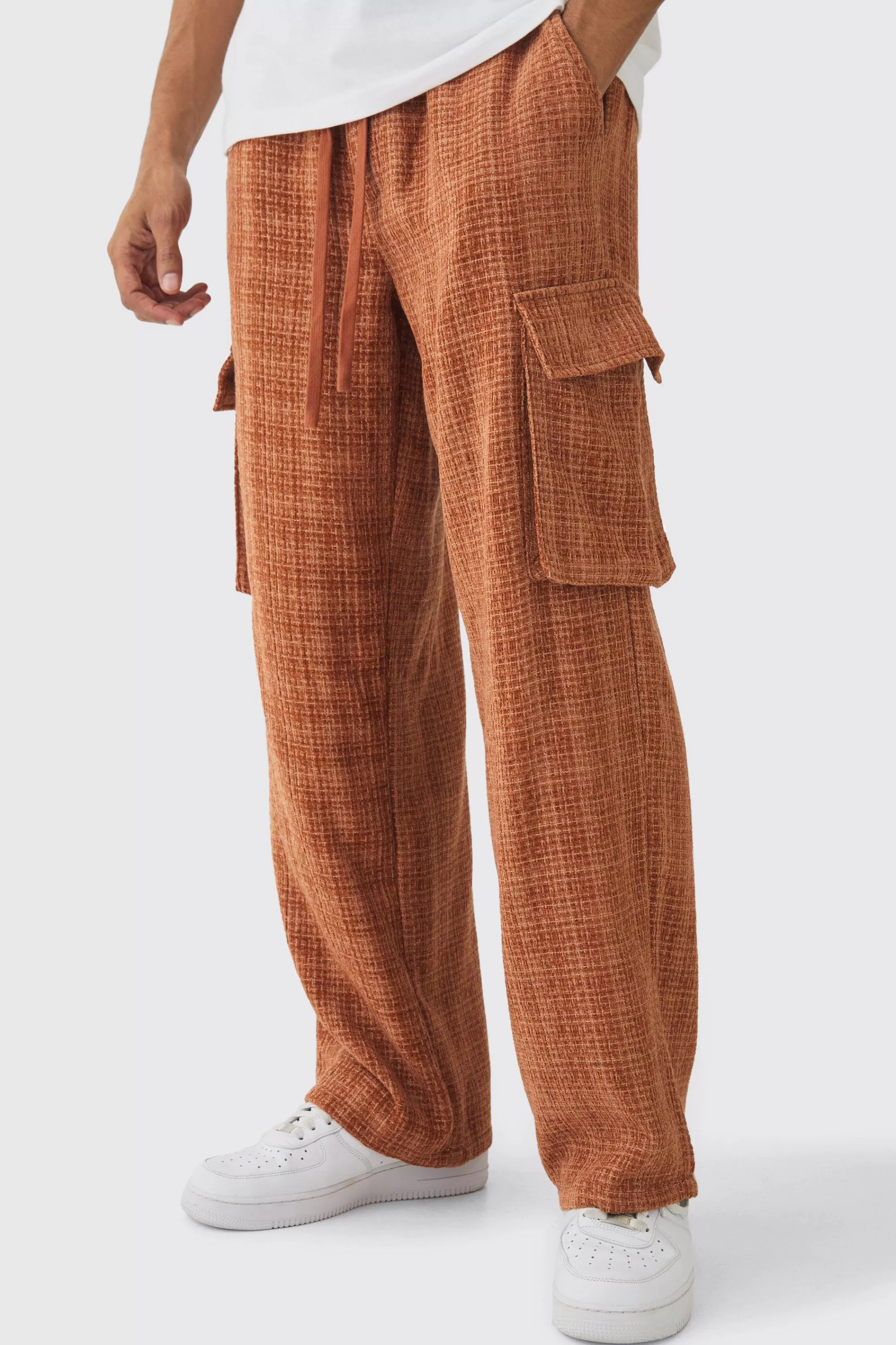 boohooMAN Elasticated Waist Baggy Boucle Cargo Pocket Trousers | UK
