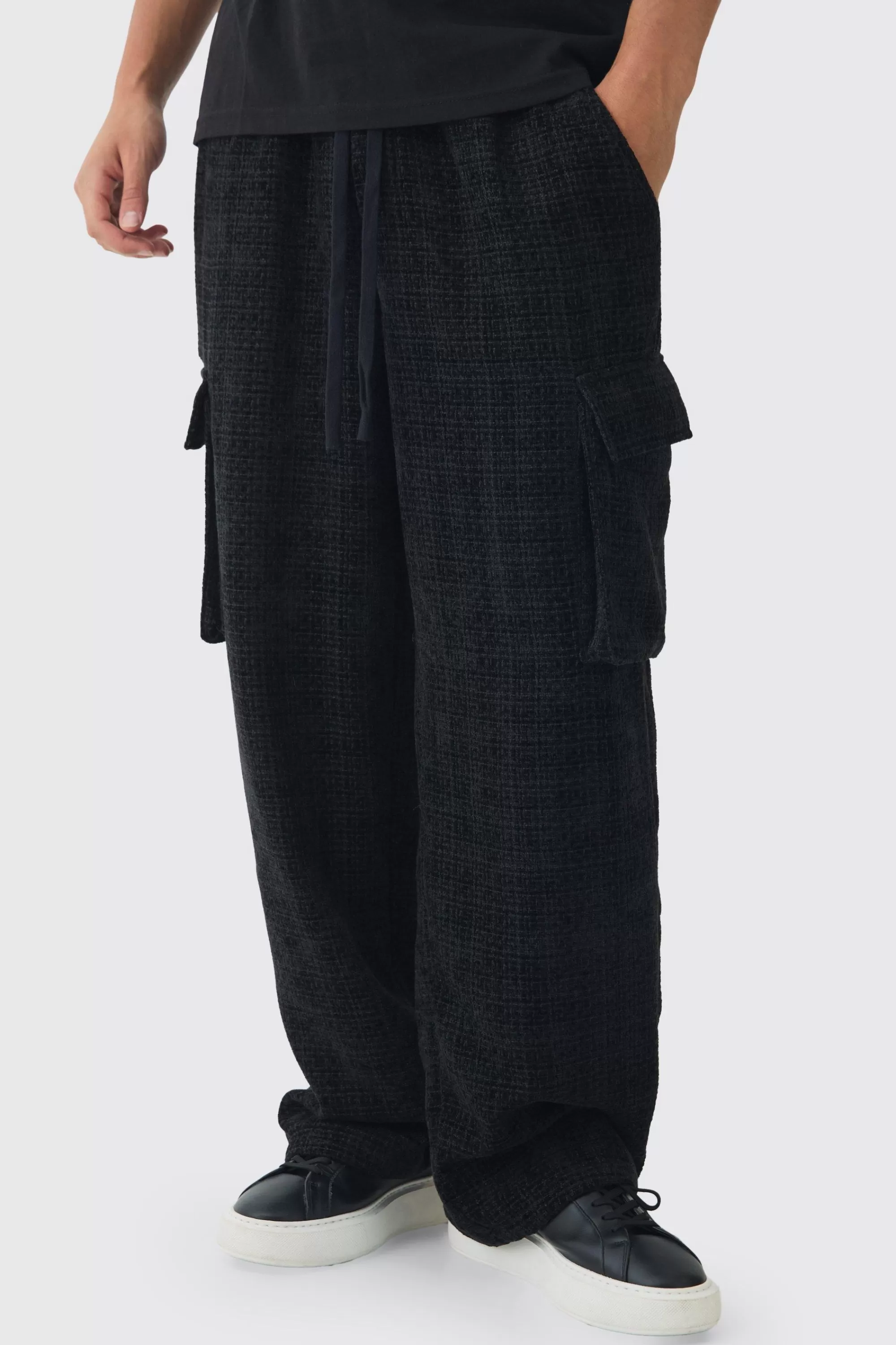 boohooMAN Elasticated Waist Baggy Boucle Cargo Pocket Trousers | UK