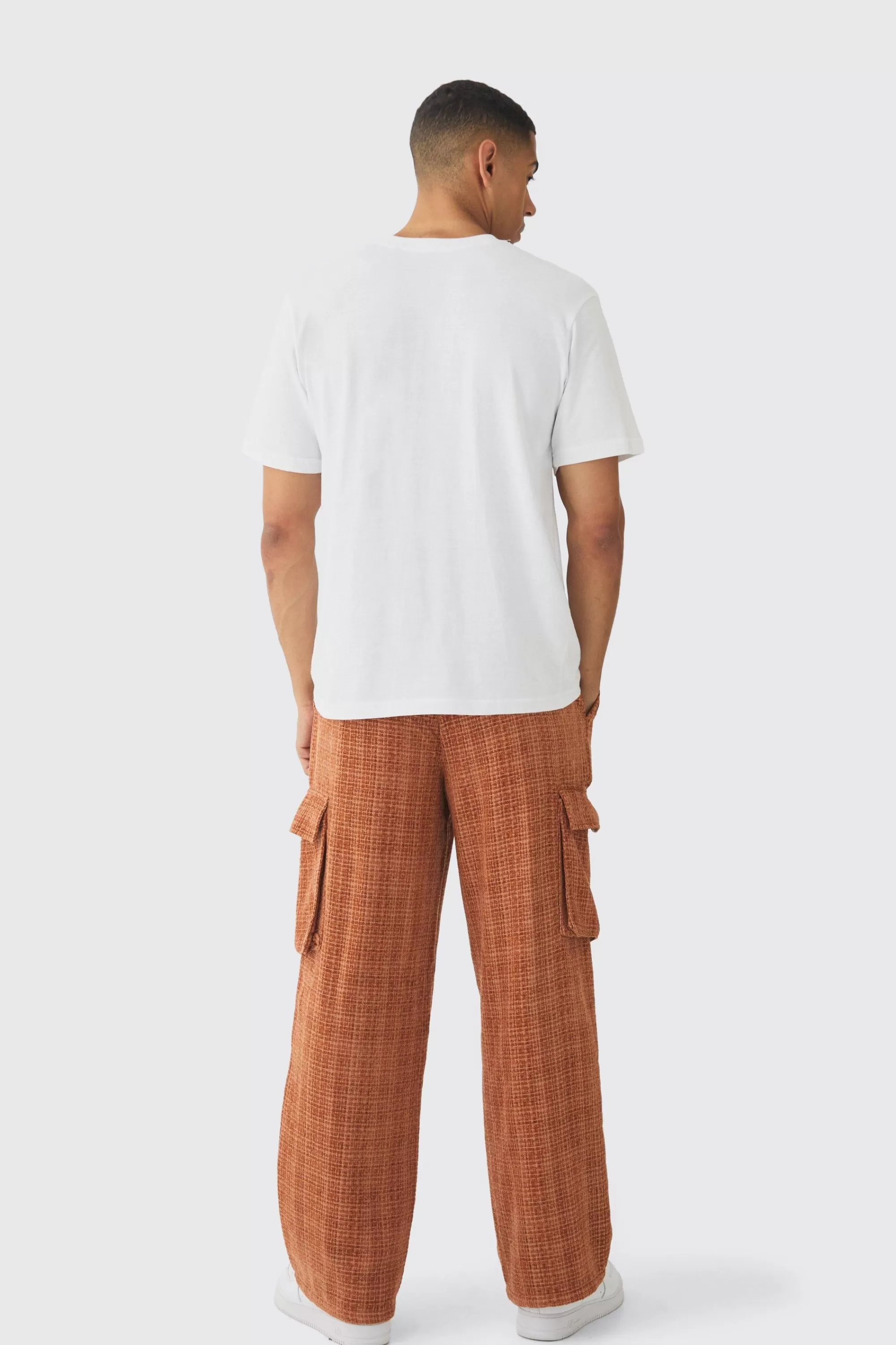 boohooMAN Elasticated Waist Baggy Boucle Cargo Pocket Trousers | UK