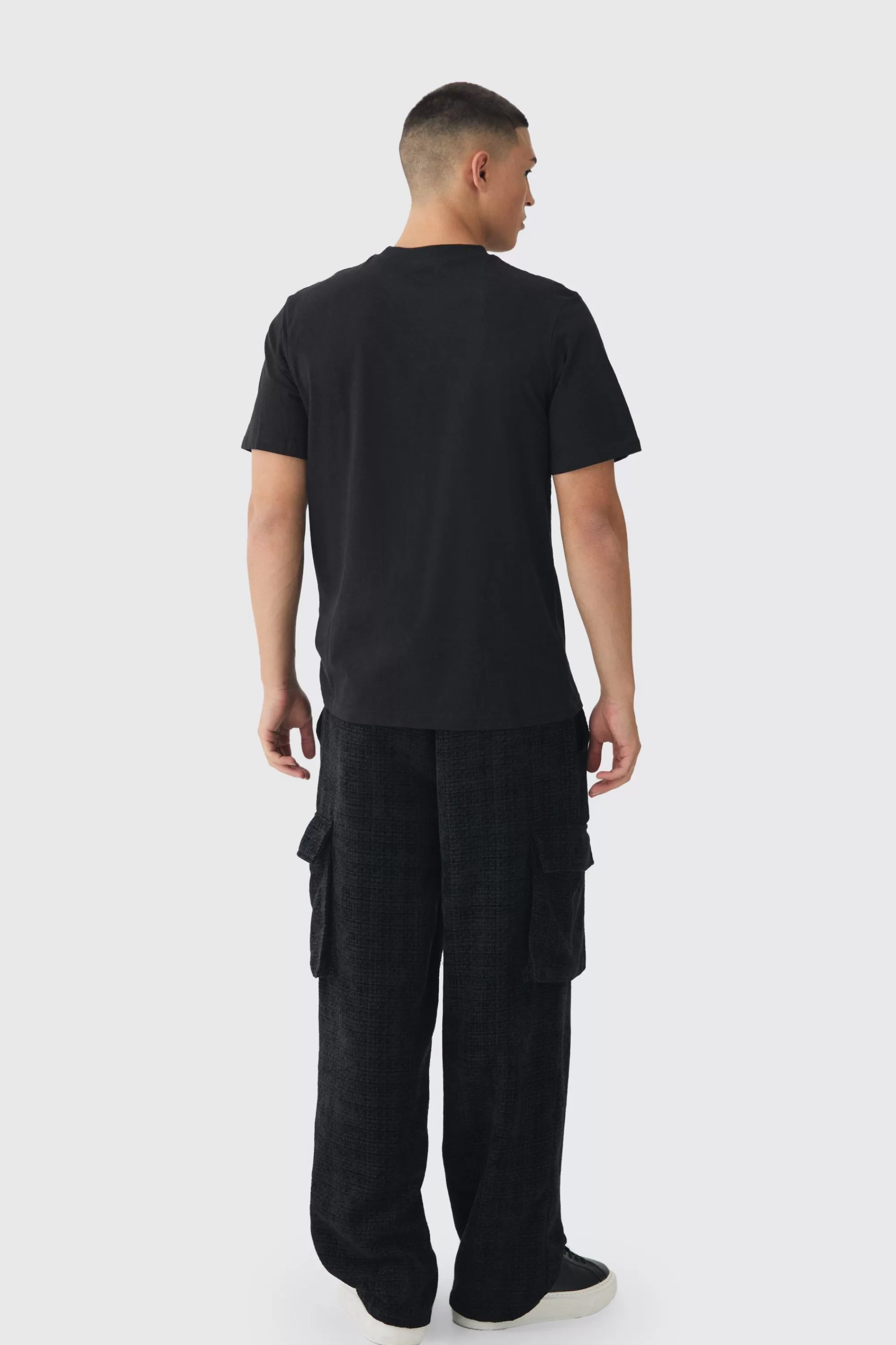 boohooMAN Elasticated Waist Baggy Boucle Cargo Pocket Trousers | UK