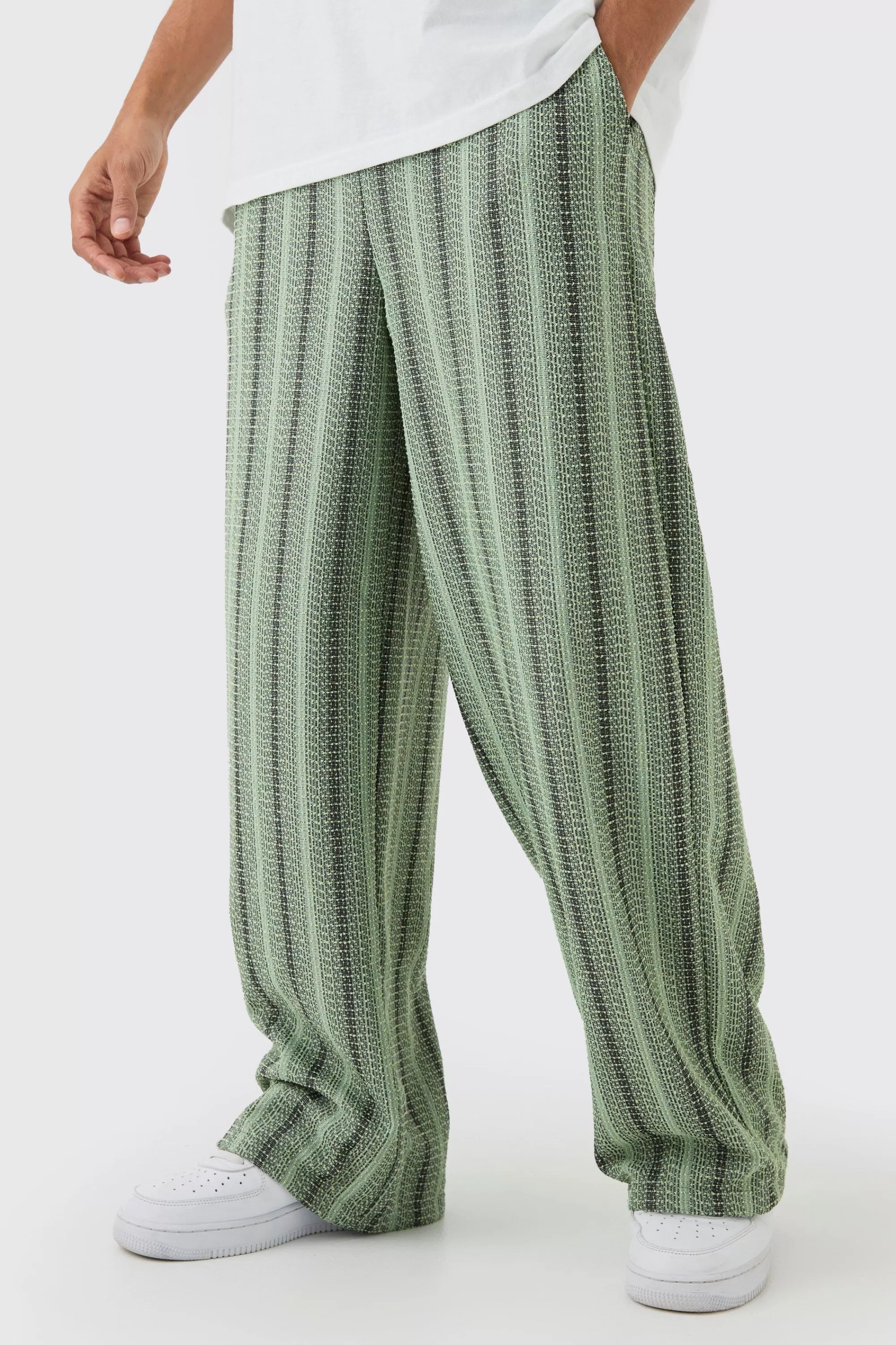 boohooMAN Elasticated Waist Baggy Boucle Trousers | UK