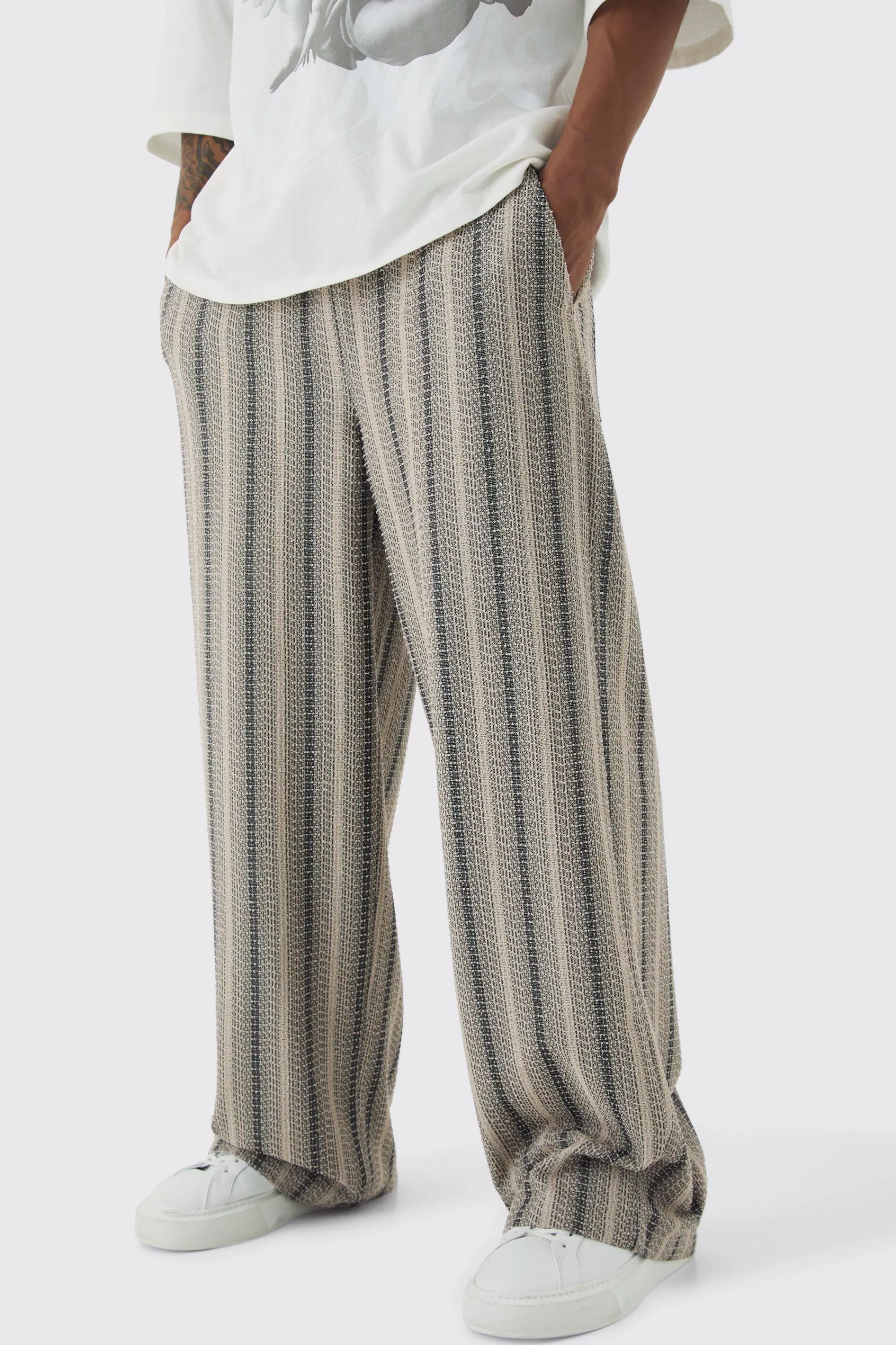 boohooMAN Elasticated Waist Baggy Boucle Trousers | UK