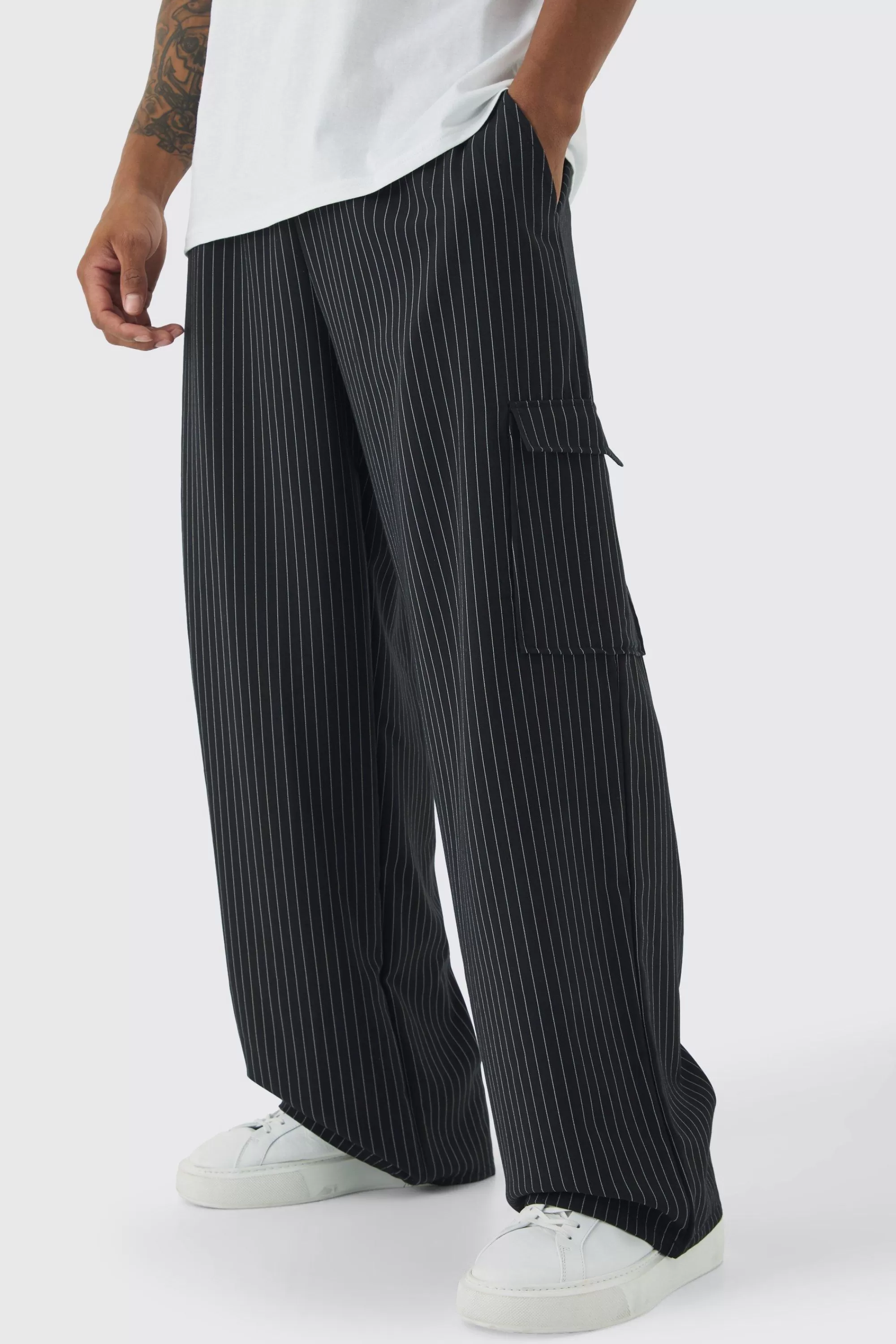 boohooMAN Elasticated Waist Baggy Pinstripe Cargo Trousers | UK