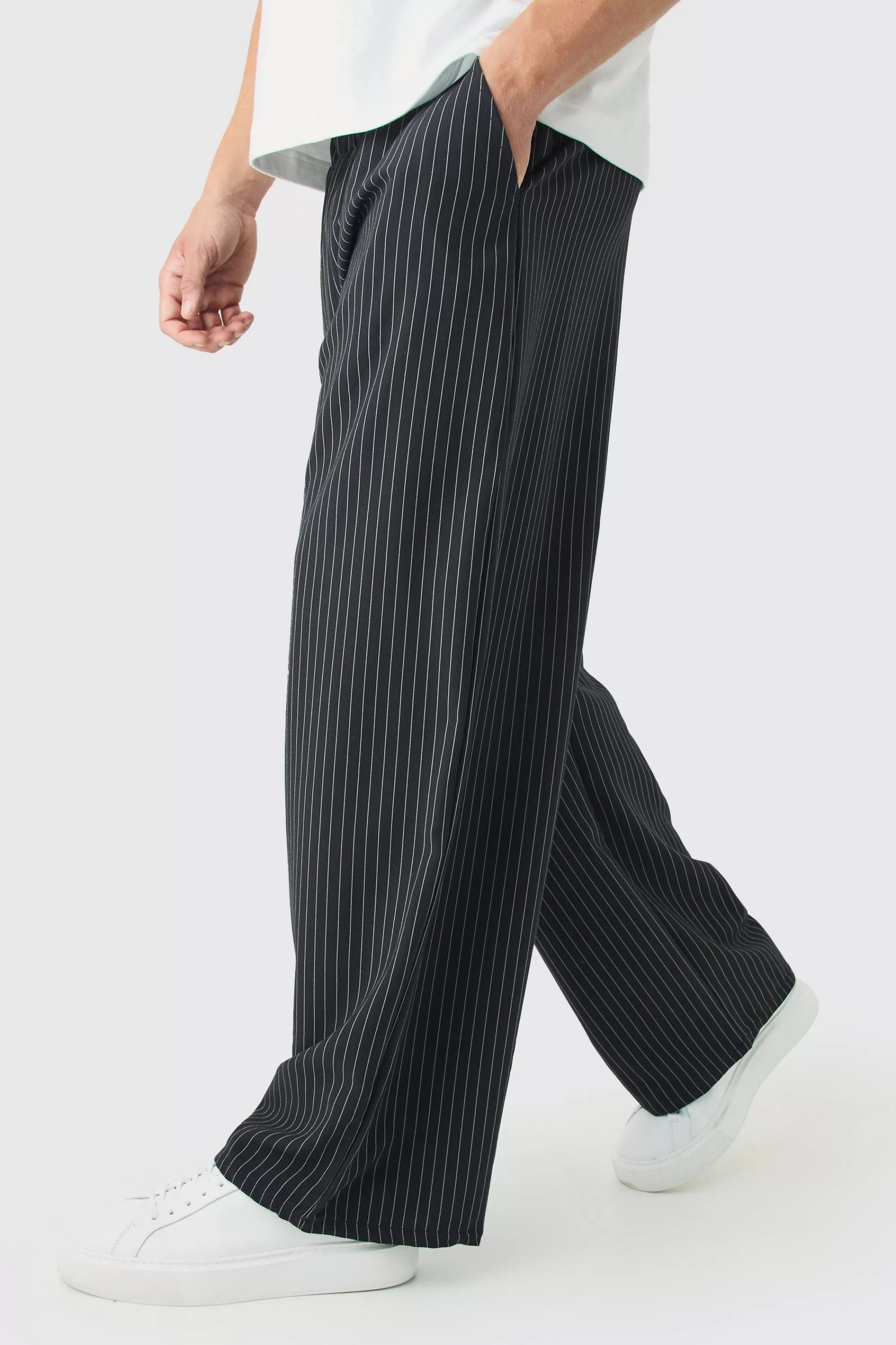 boohooMAN Elasticated Waist Baggy Pinstripe Trousers | UK