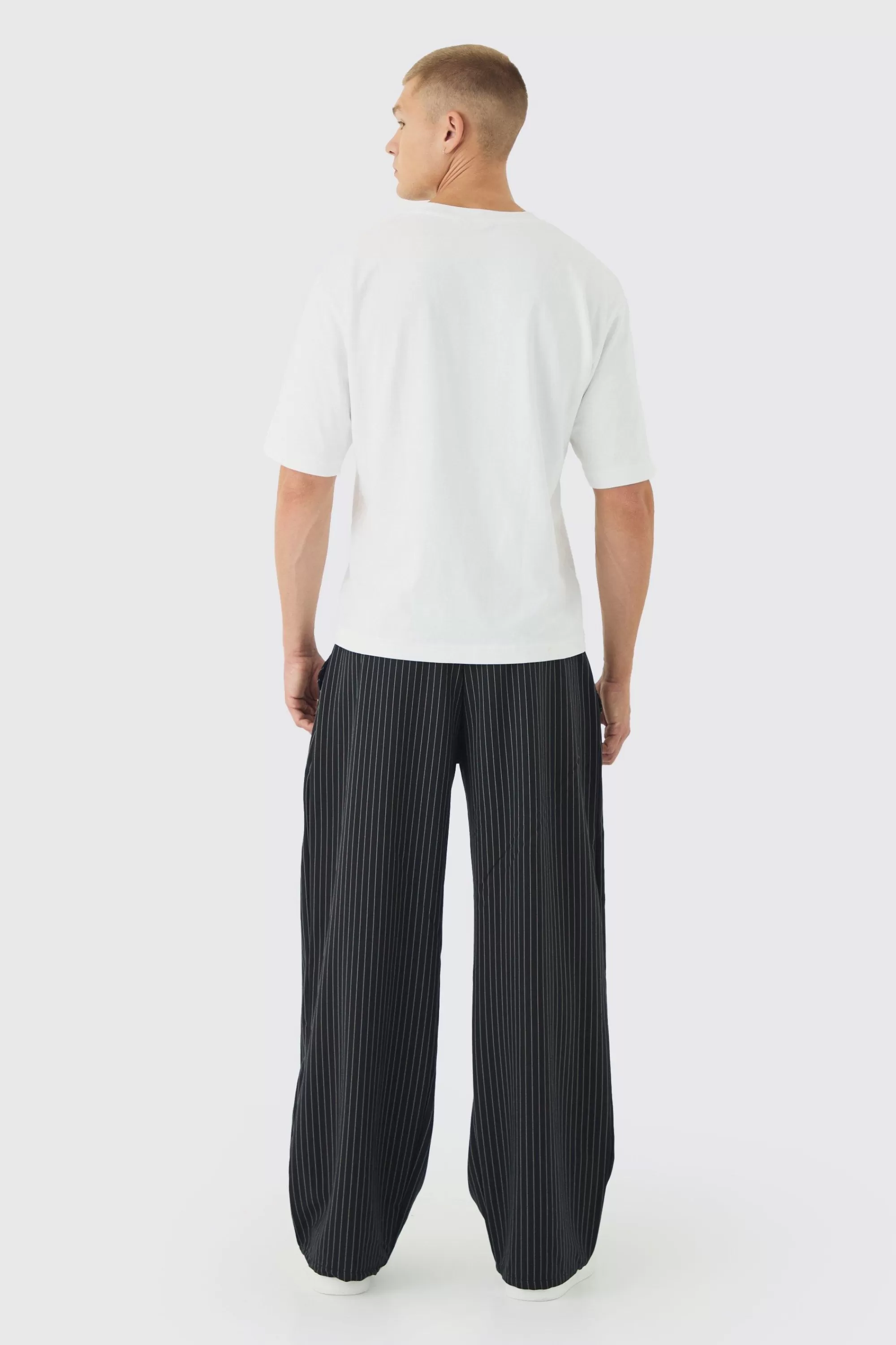 boohooMAN Elasticated Waist Baggy Pinstripe Trousers | UK