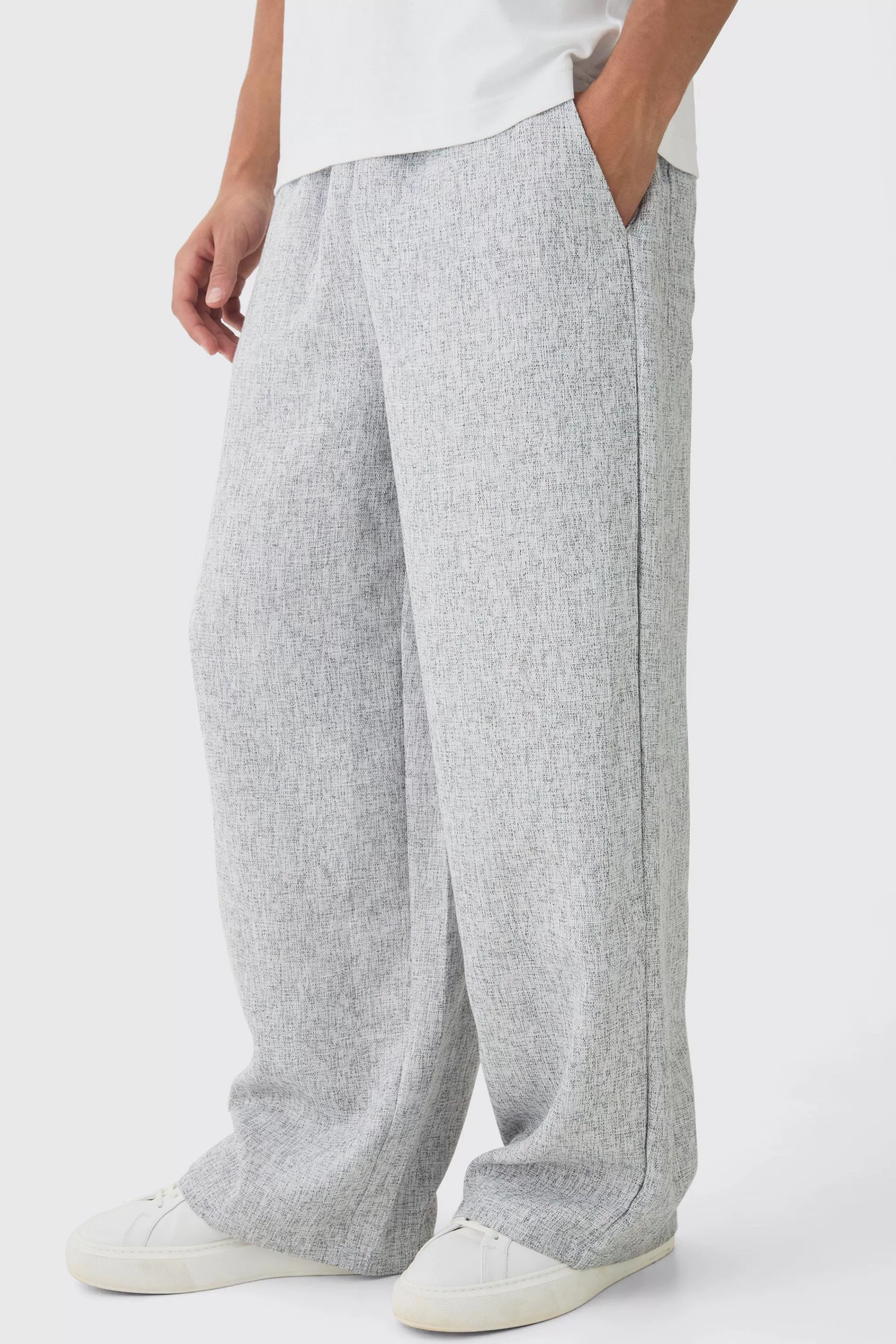 boohooMAN Elasticated Waist Baggy Textured Rope Drawcord Trousers | UK