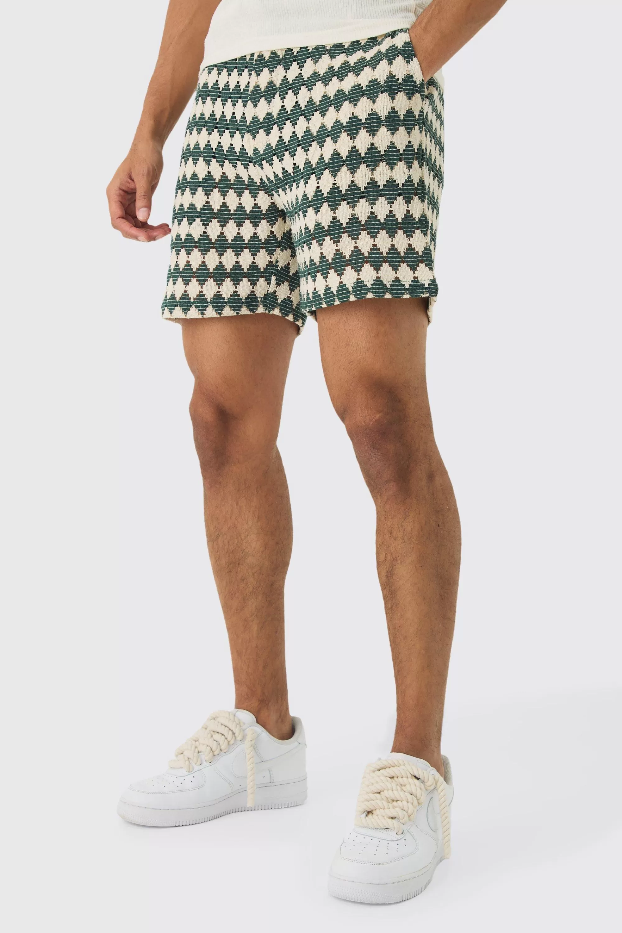 boohooMAN Elasticated Waist Diamond Crochet Bermuda Shorts | UK