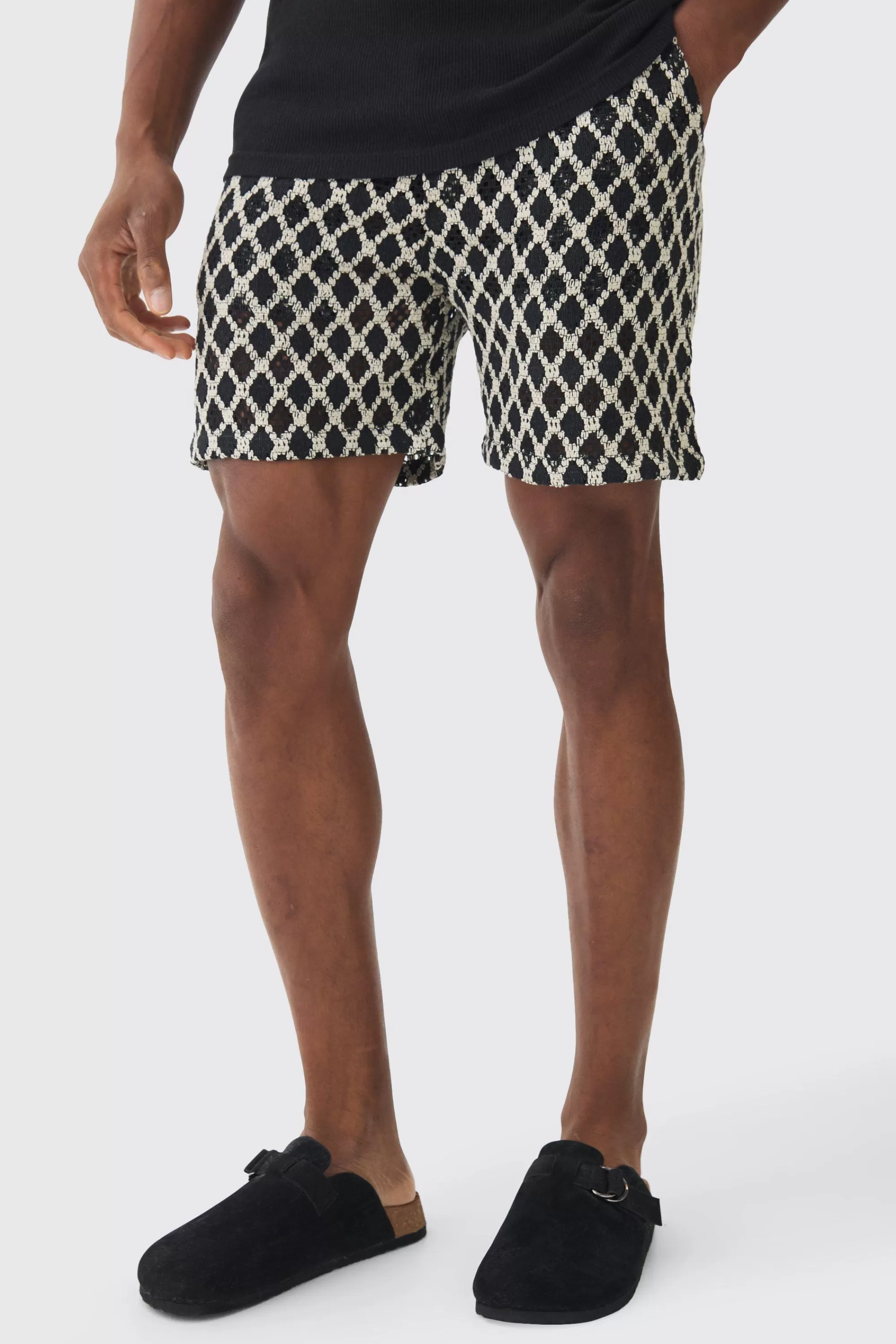 boohooMAN Elasticated Waist Diamond Crochet Bermuda Shorts | UK