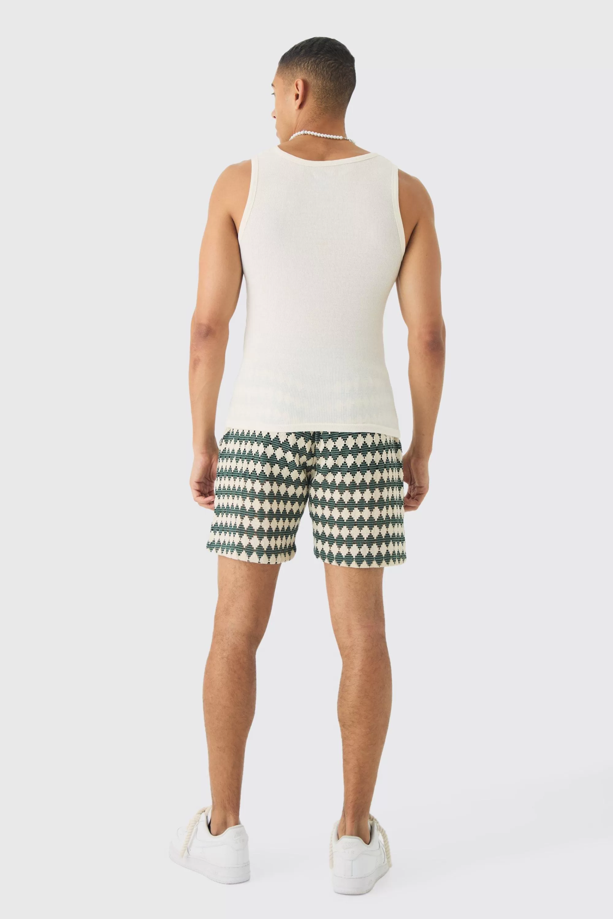 boohooMAN Elasticated Waist Diamond Crochet Bermuda Shorts | UK