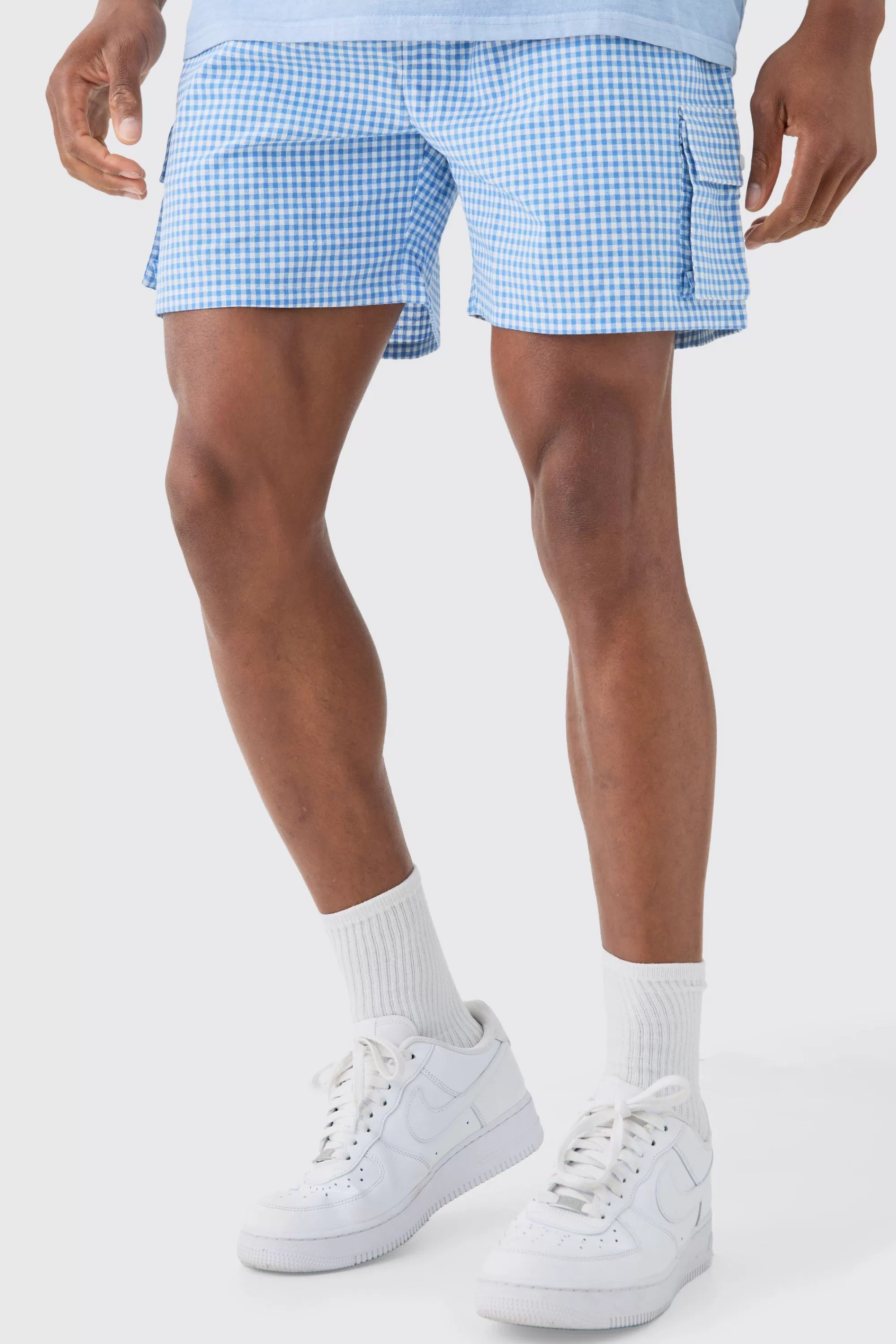boohooMAN Elasticated Waist Gingham Check Linen Look Relaxed Short In | UK