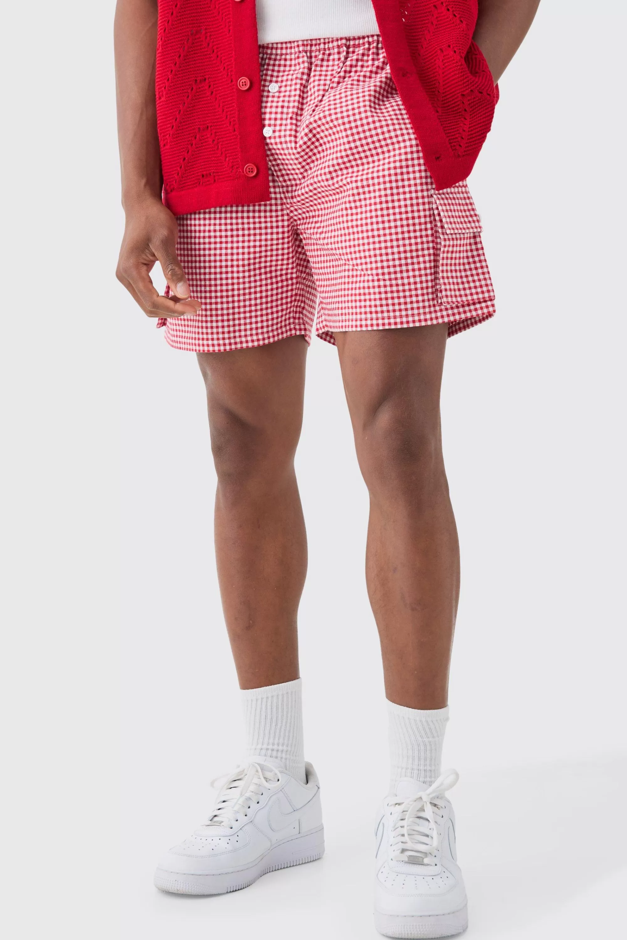 boohooMAN Elasticated Waist Gingham Check Linen Look Relaxed Short In | UK