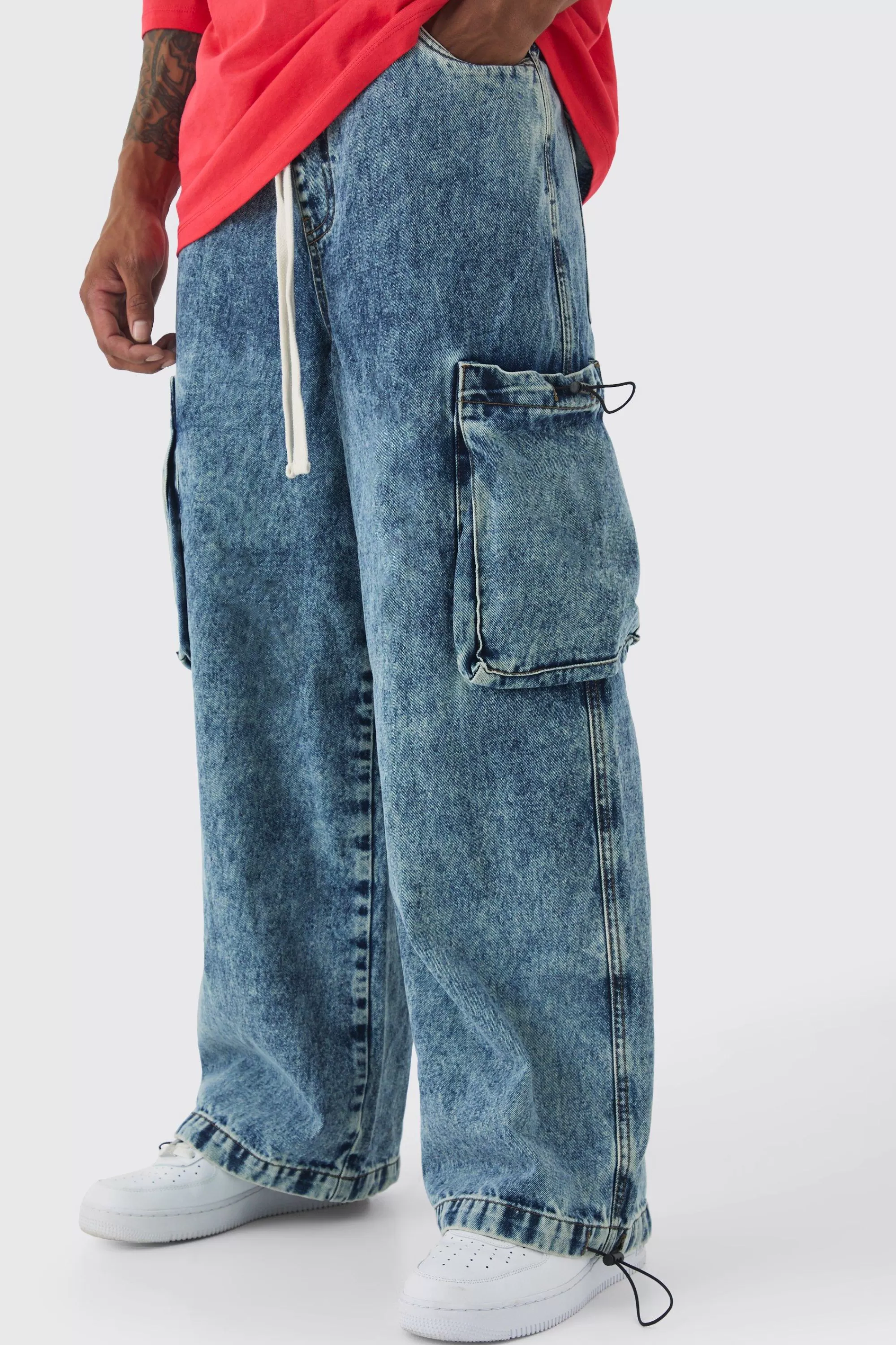 boohooMAN Elasticated Waist Parachute Acid Wash Cargo Jeans | UK