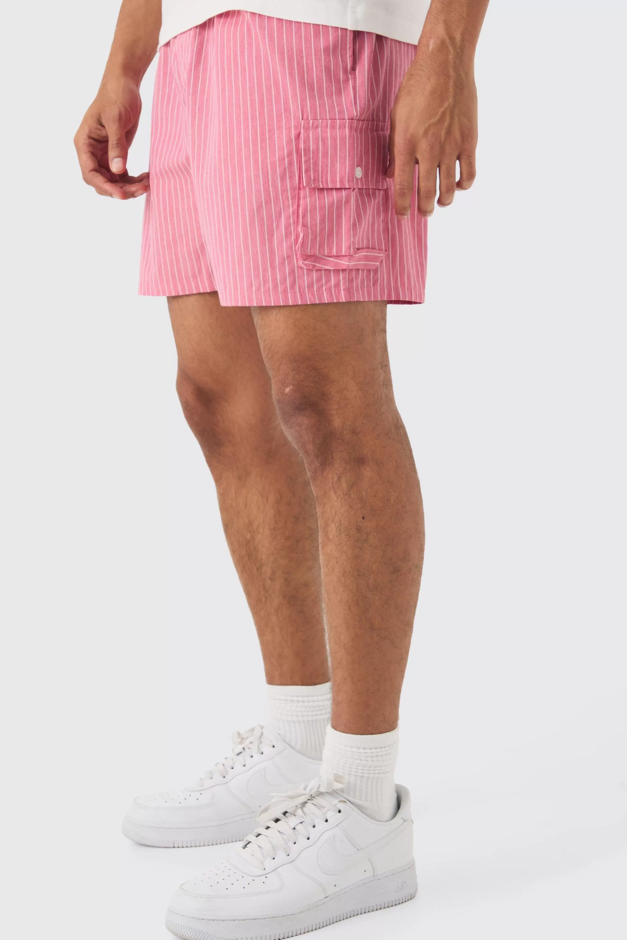 boohooMAN Elasticated Waist Pinstripe Linen Look Short In | UK